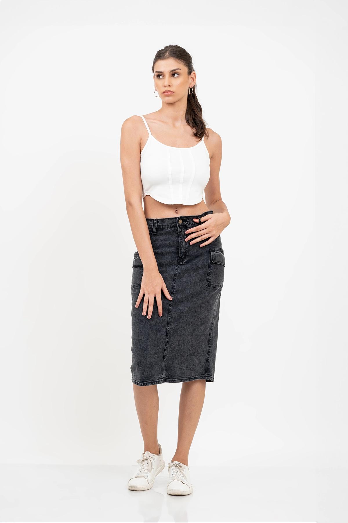 black-midi-denim-cargo-skirt