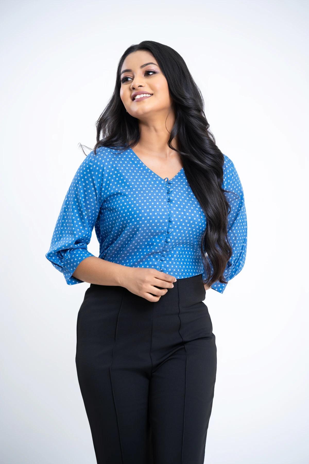 women-solid-printed-casual-blue-blouse