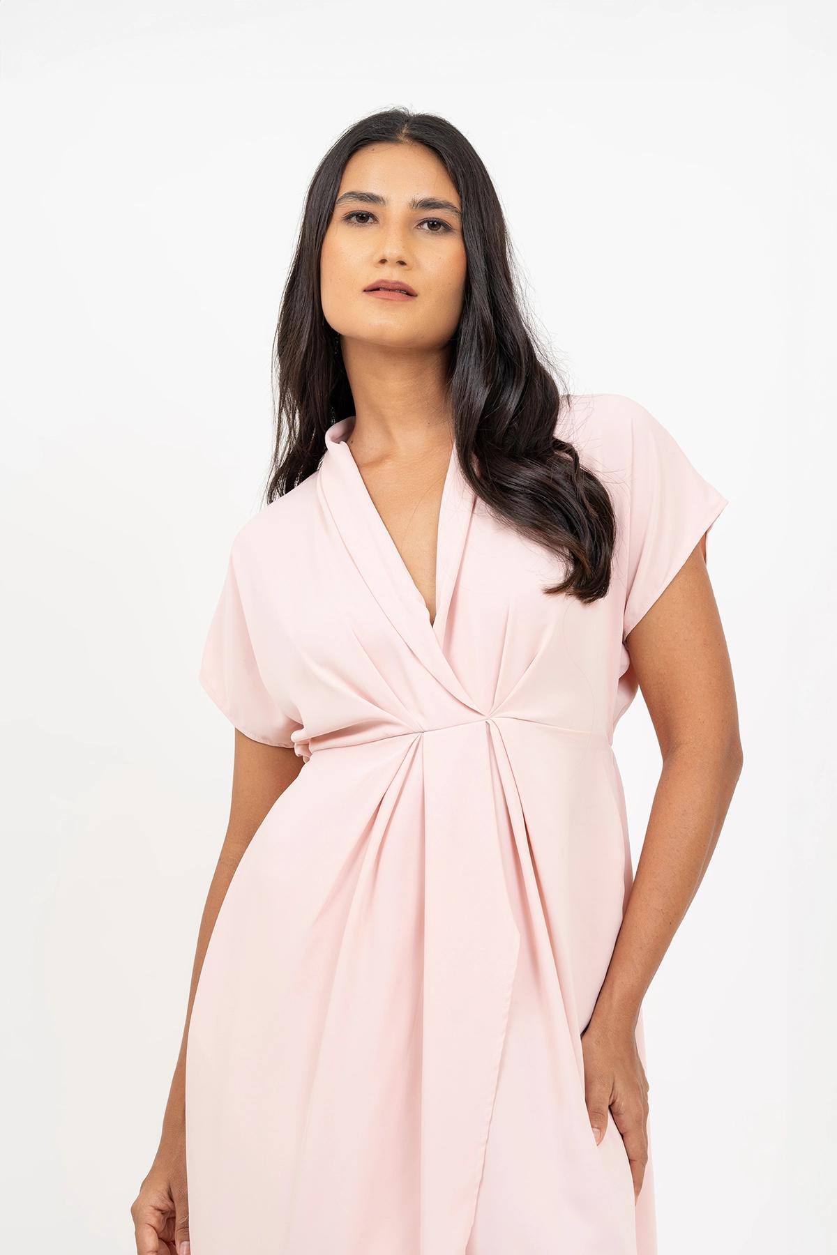 pink-color-ruched-wrap-mini-dresses