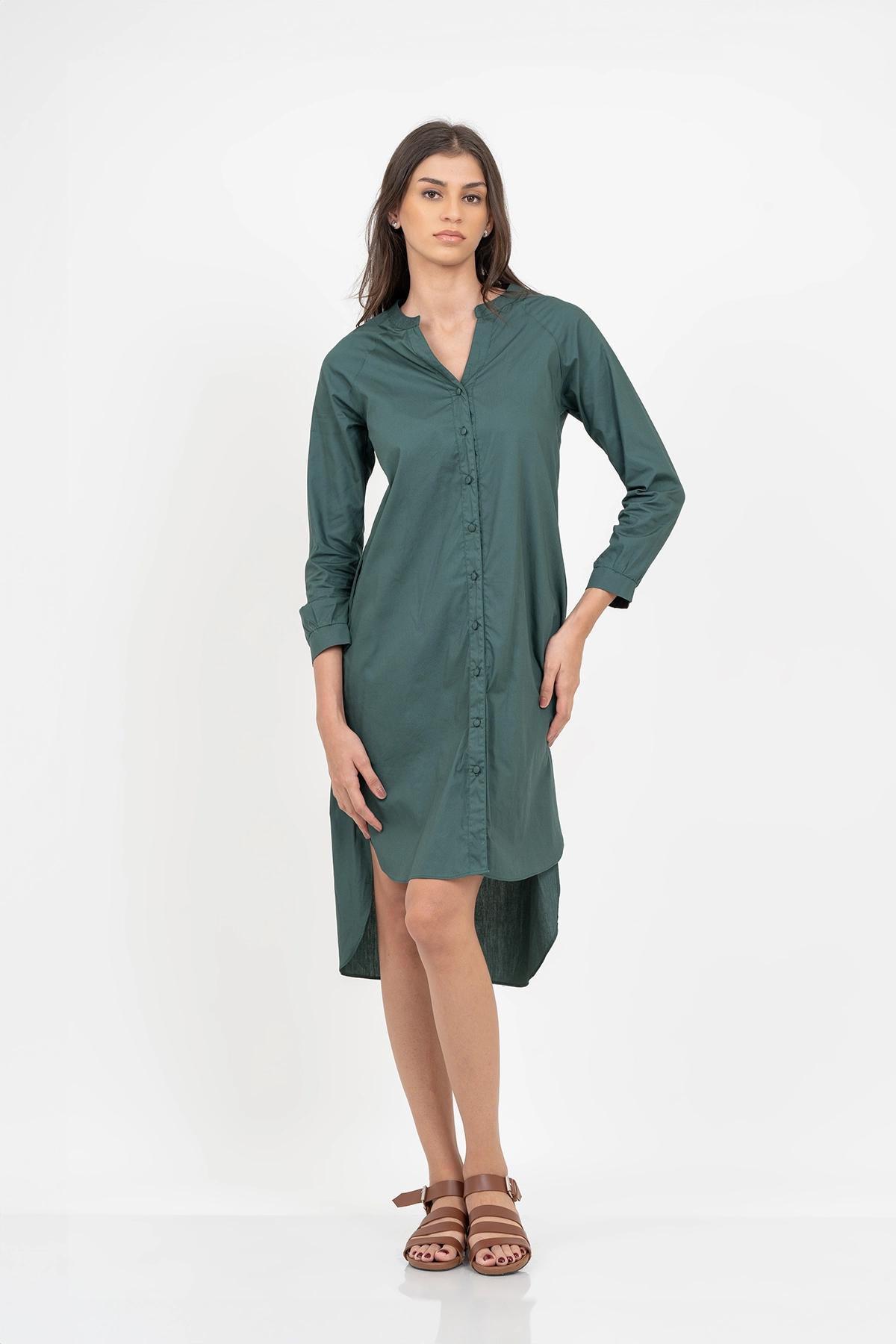 puff-sleeve-button-down-teal-blue-midi-dress