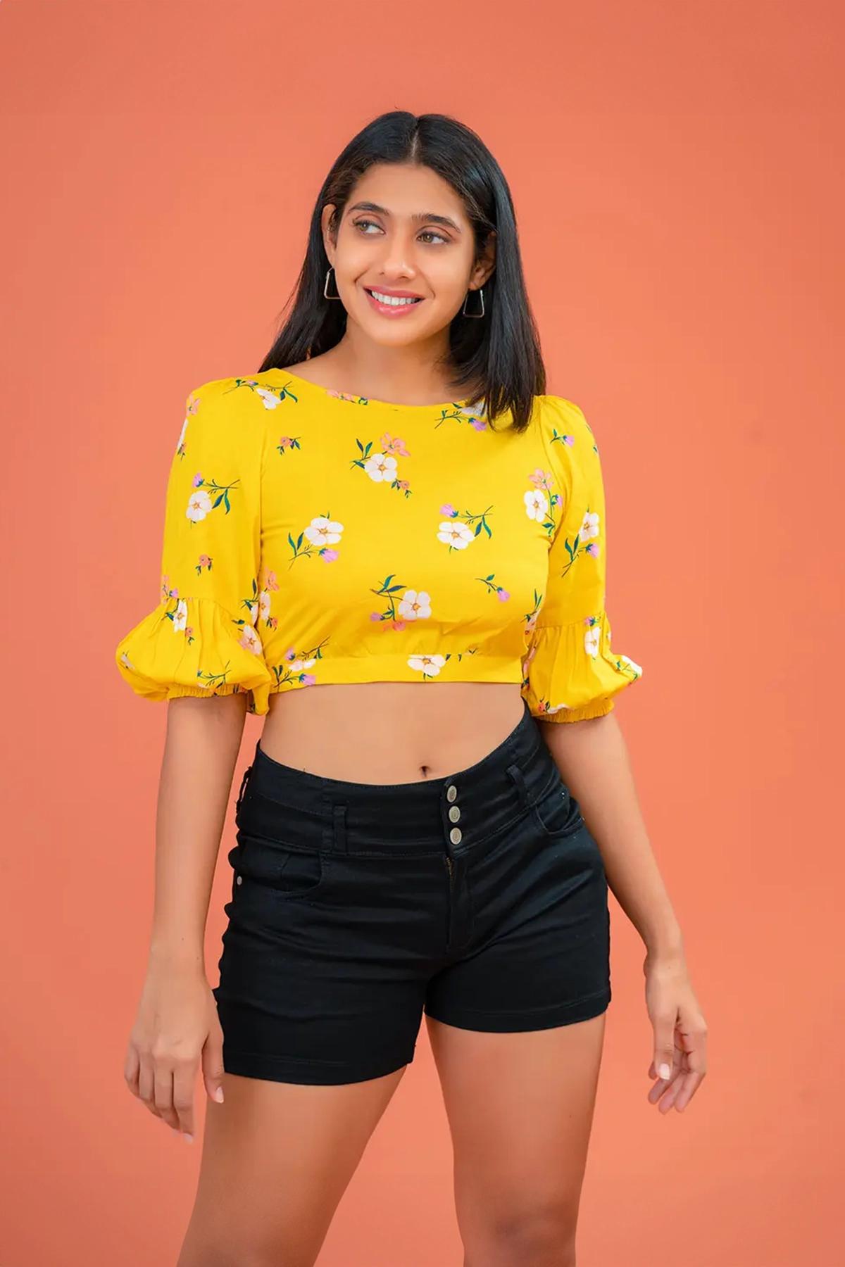 yellow-color-puff-sleeve-crop-top