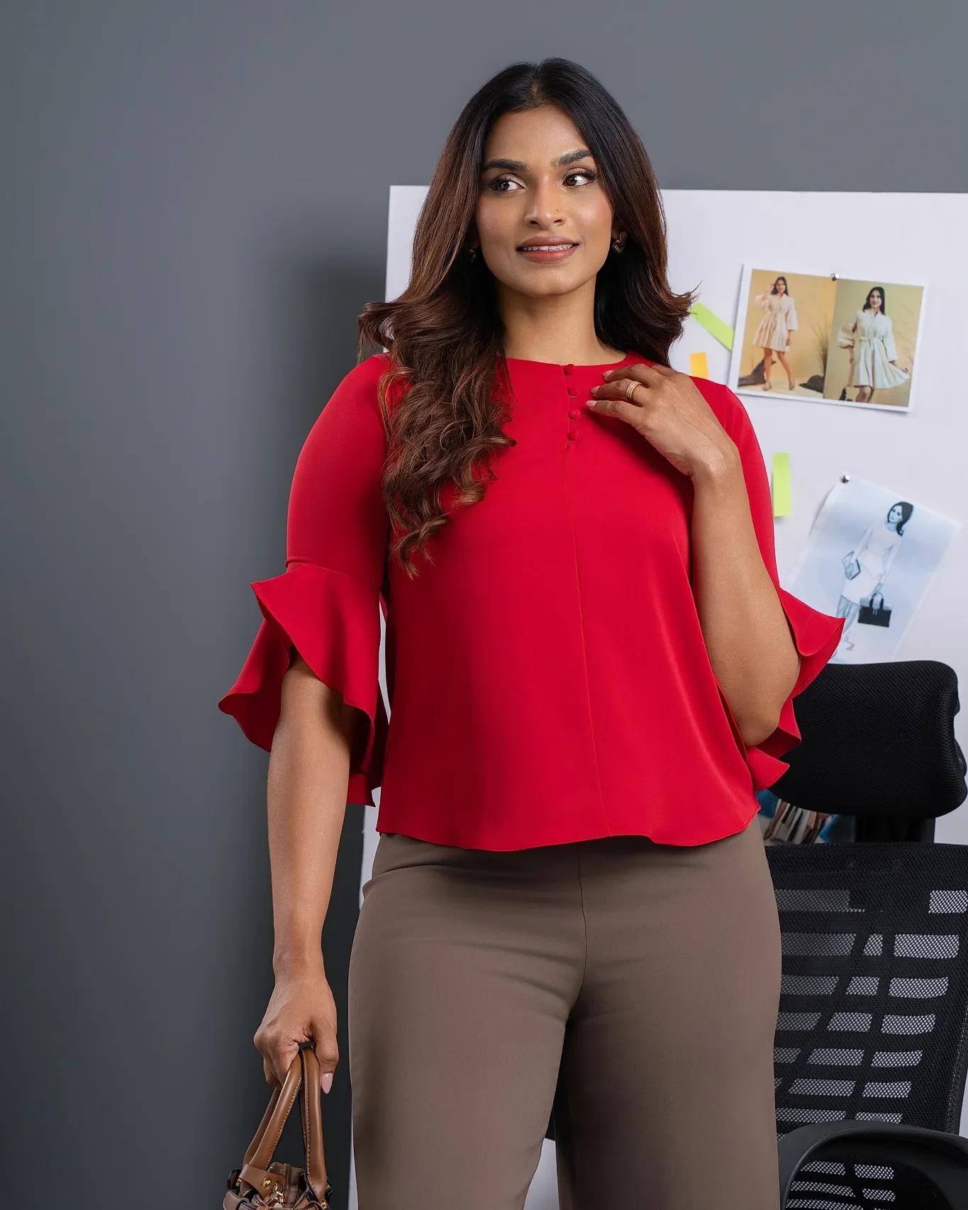 ruby-red-flared-cuff-workwear-blouse