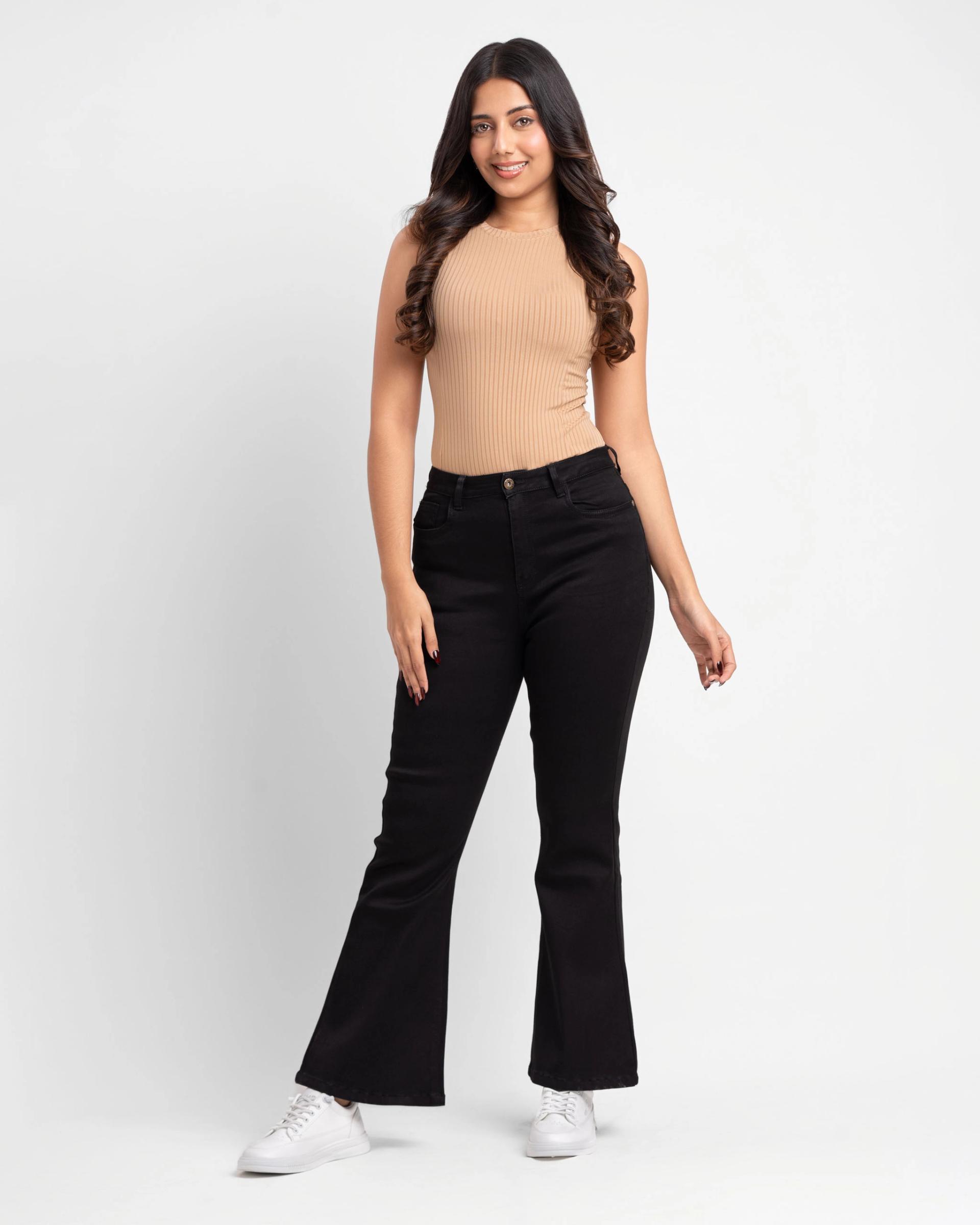 women-black-mid-waist-flare-leg-jeans