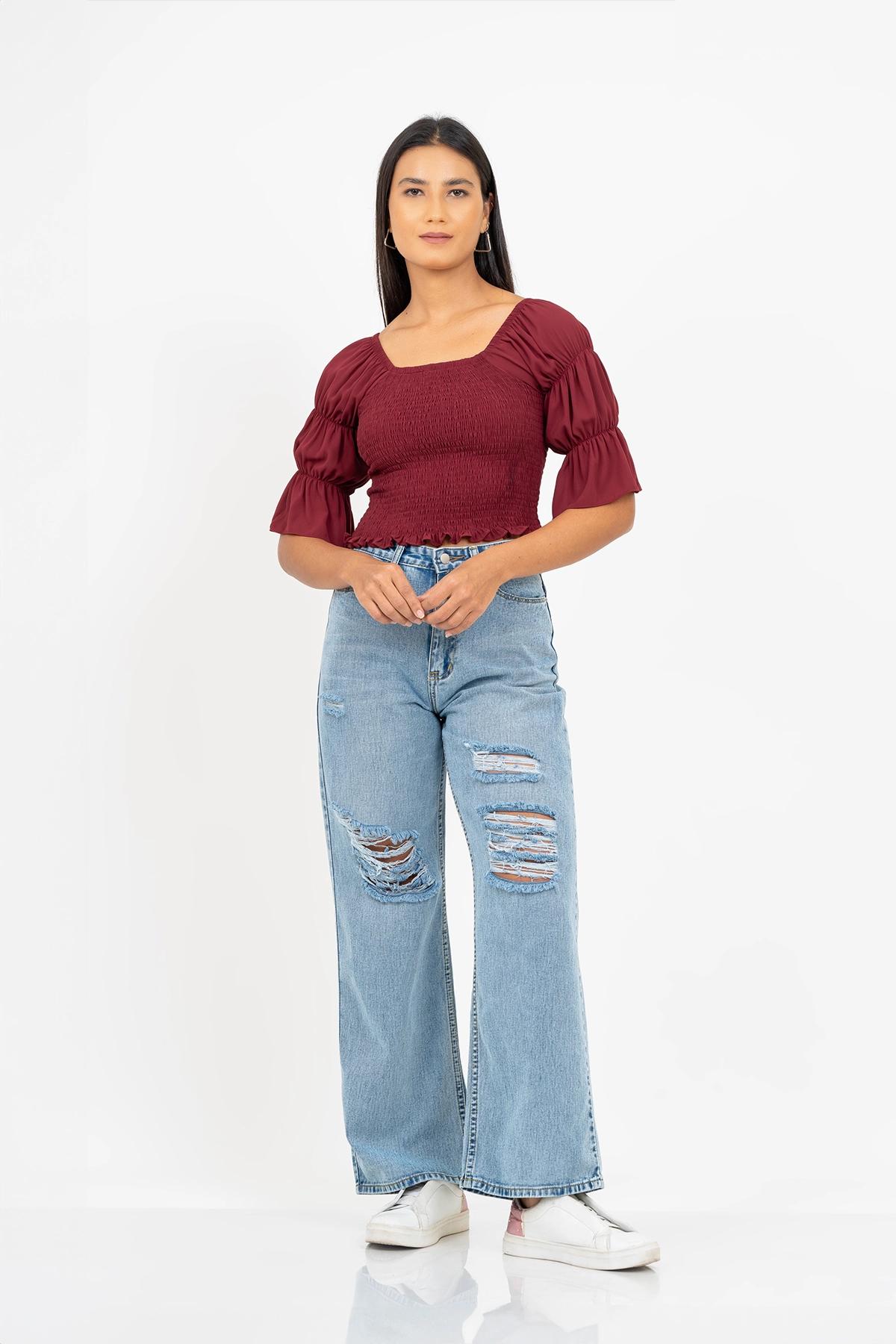 off-shoulder-frill-trim-shirred-smocked-sleeve-blouse