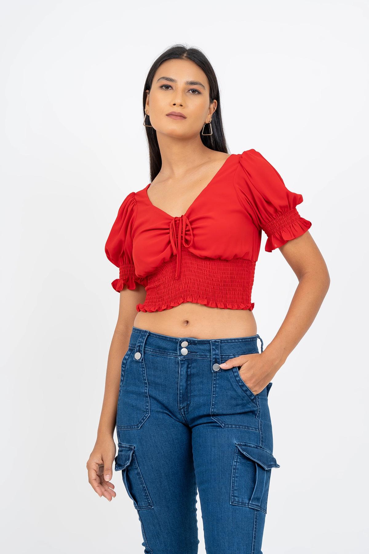 casual-puff-sleeves-solid-women-red-top