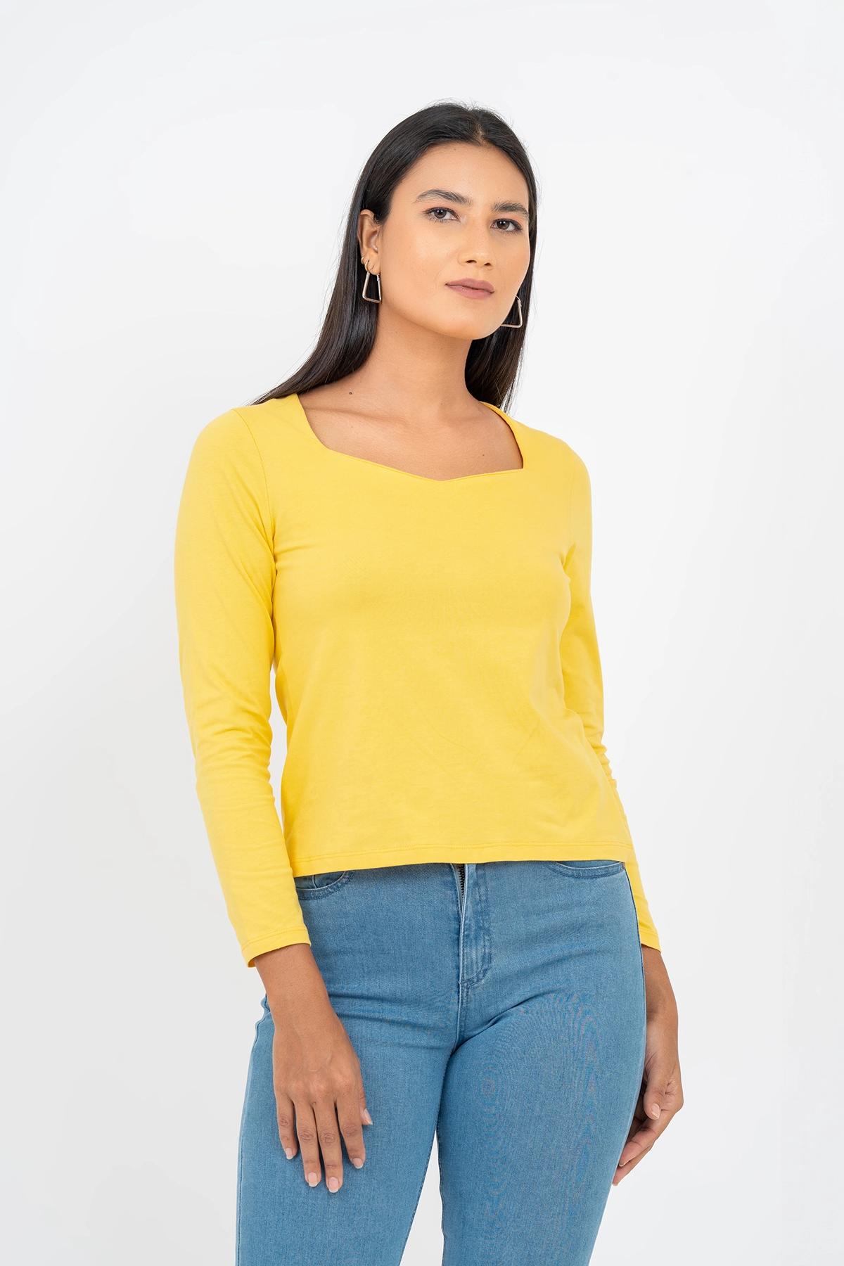 yellow-square-neck-long-sleeves-fitted-top