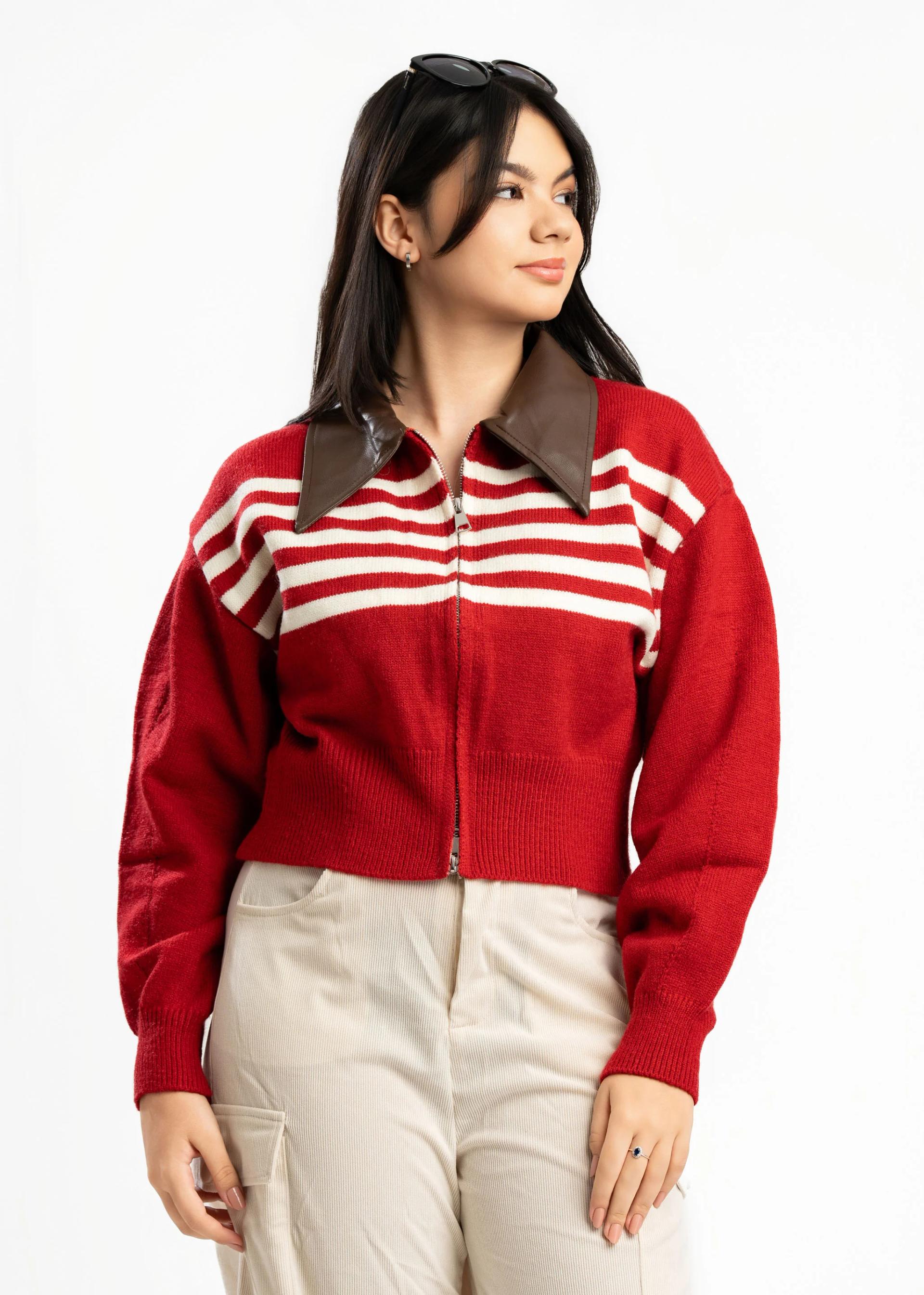 womens-red-and-white-contrast-zipup-cardigan