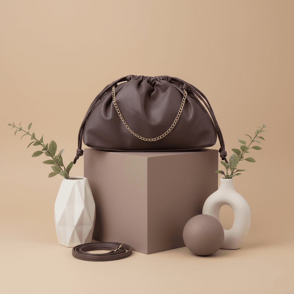 brown-ruched-pouch-handbag-gold-chain-crossbody-strap