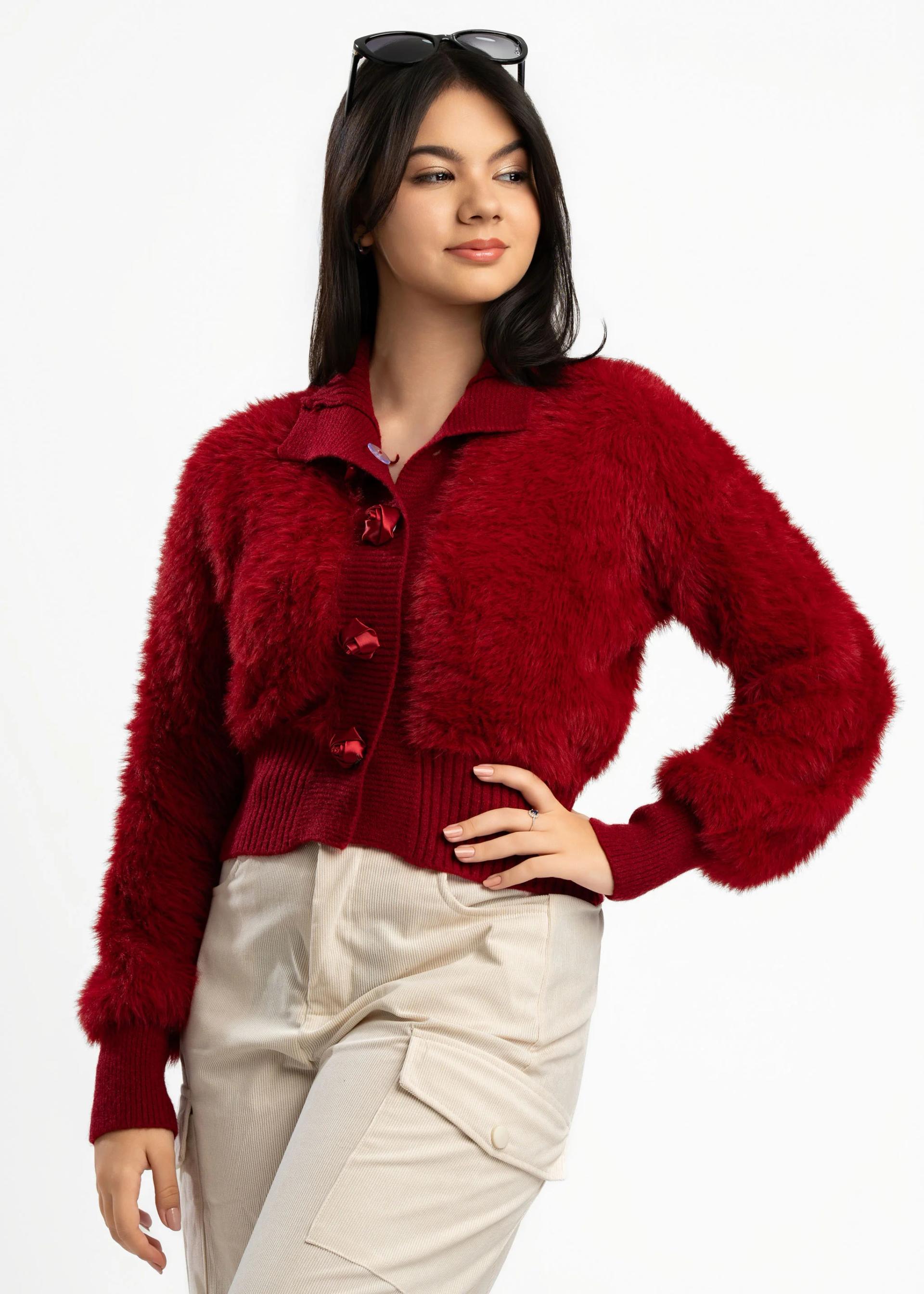 womens-red-faux-fur-look-vneck-cardigan