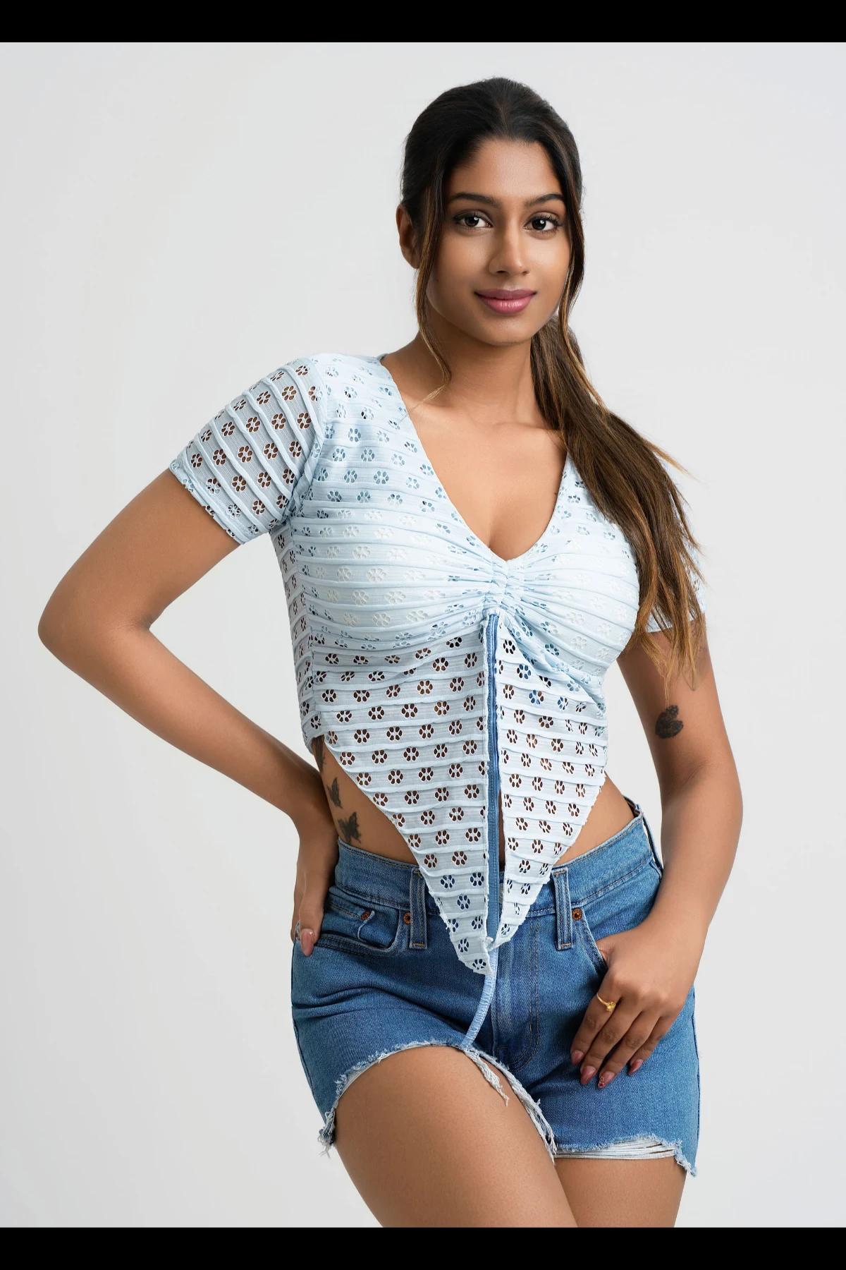 womens-light-blue-ruched-vneck-crop-top