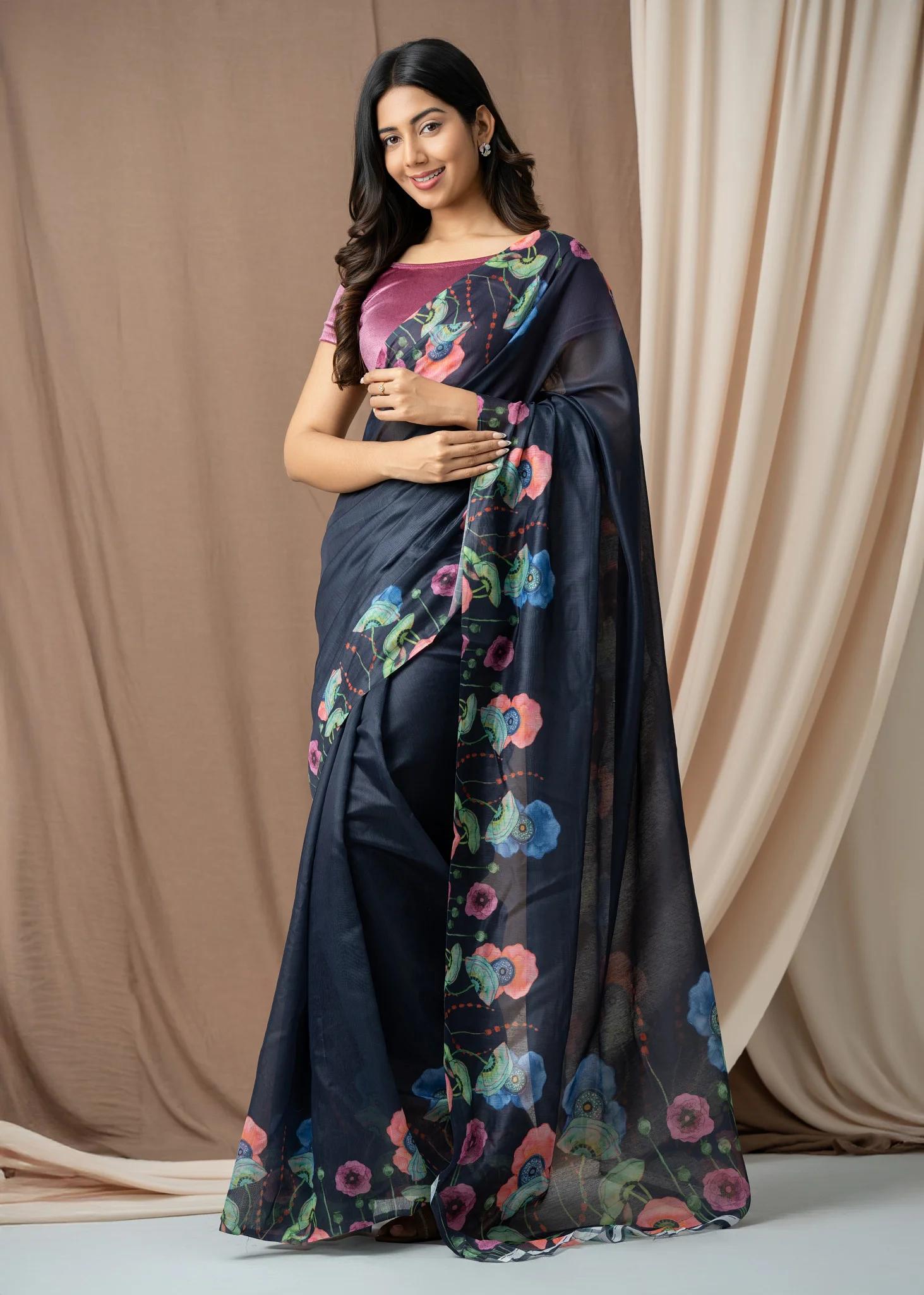 navy-blue-and-pink-floral-printed-organza-saree