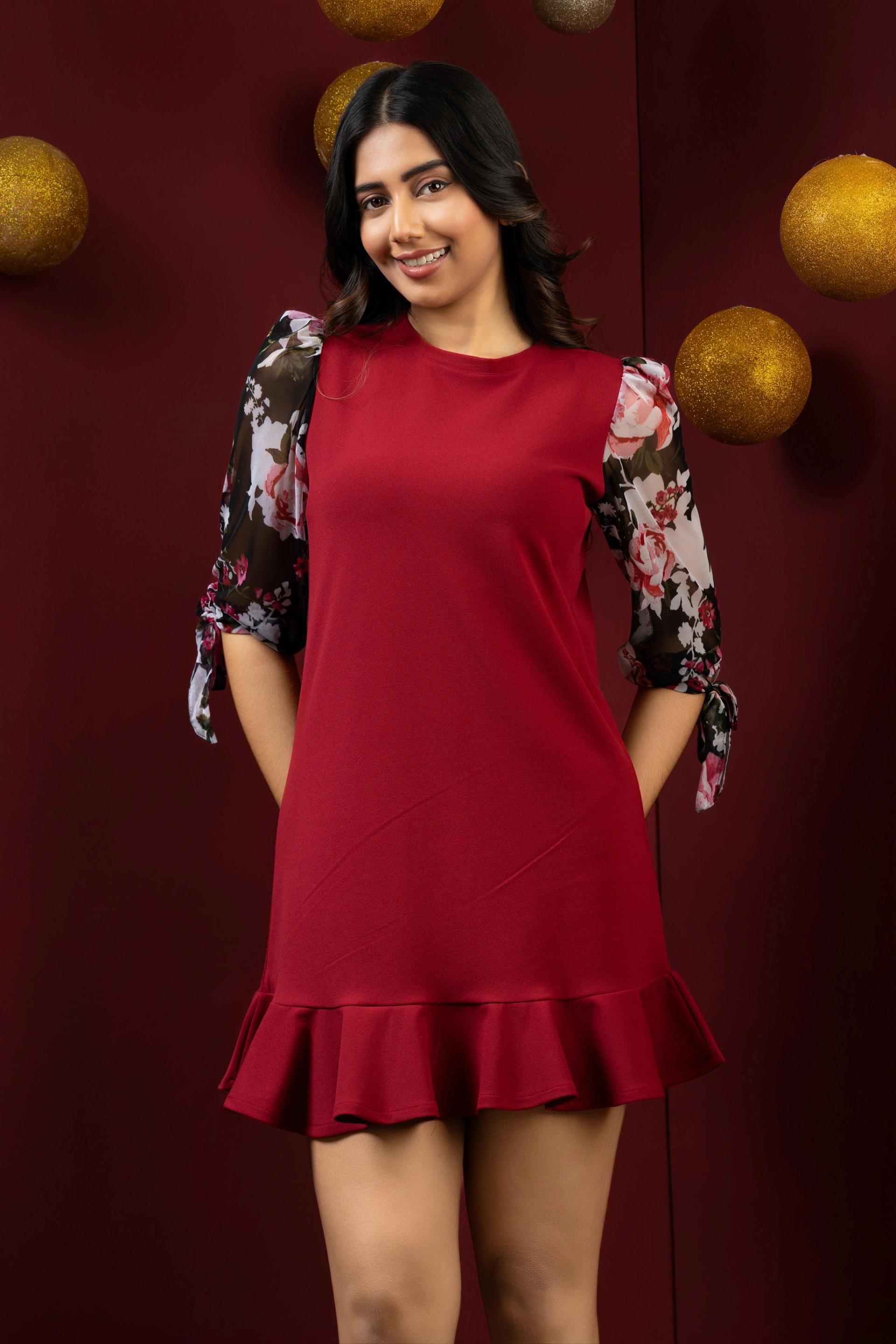 frilled-half-sleeve-red-mini-dress