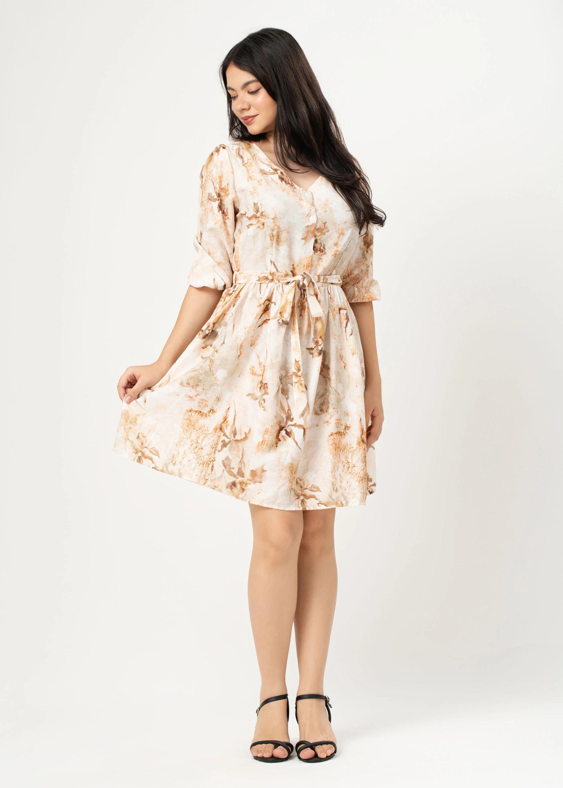 cream-and-brown-floral-waisted-frill-hem-tea-dress