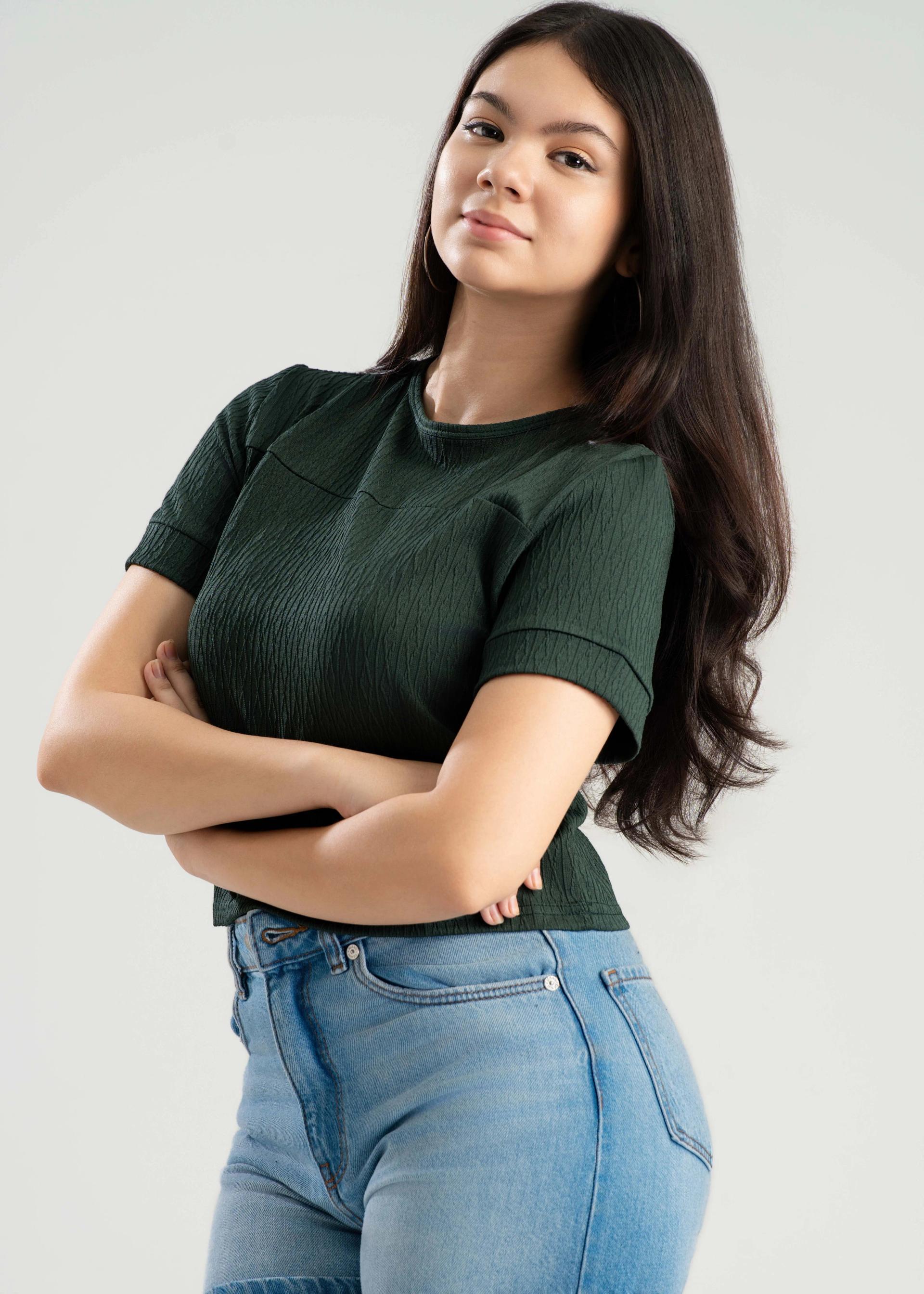 womens-dark-green-textured-crew-neck-top