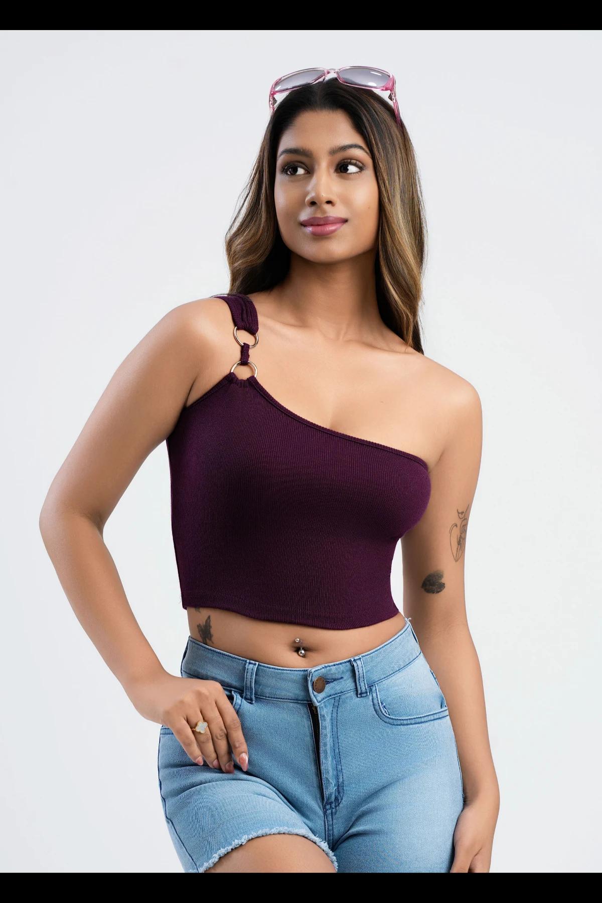 women-purple-one-shoulder-fitted-crop-top