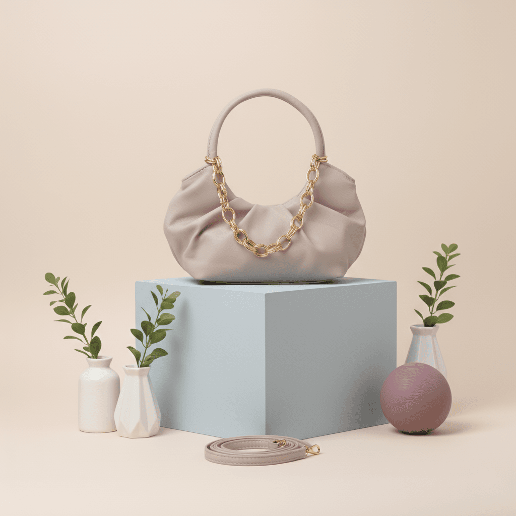 light-grey-ruched-top-handle-handbag-gold-chain-crossbody-strap