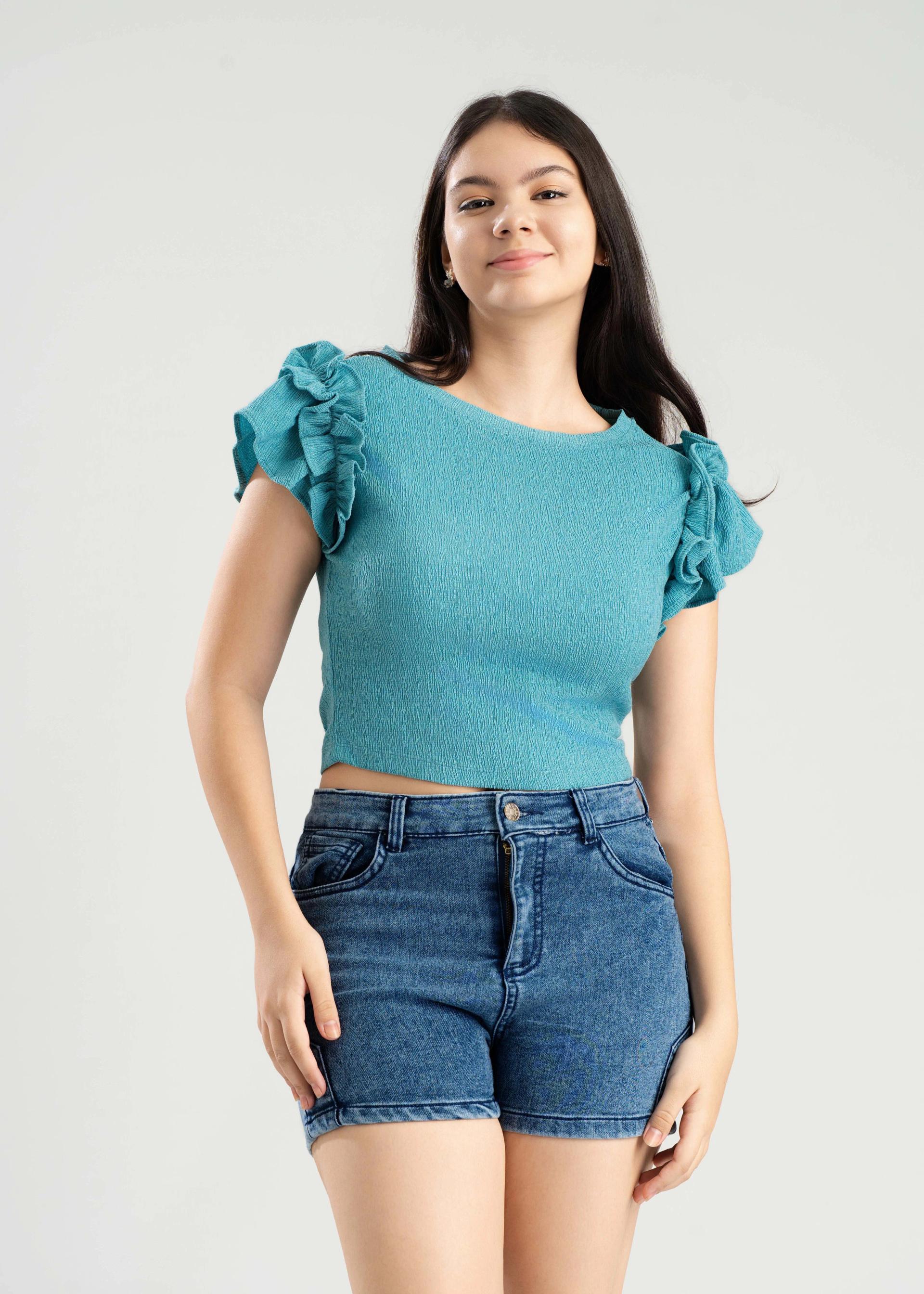 womens-short-sleeve-textured-blouse-with-ruffle-detail