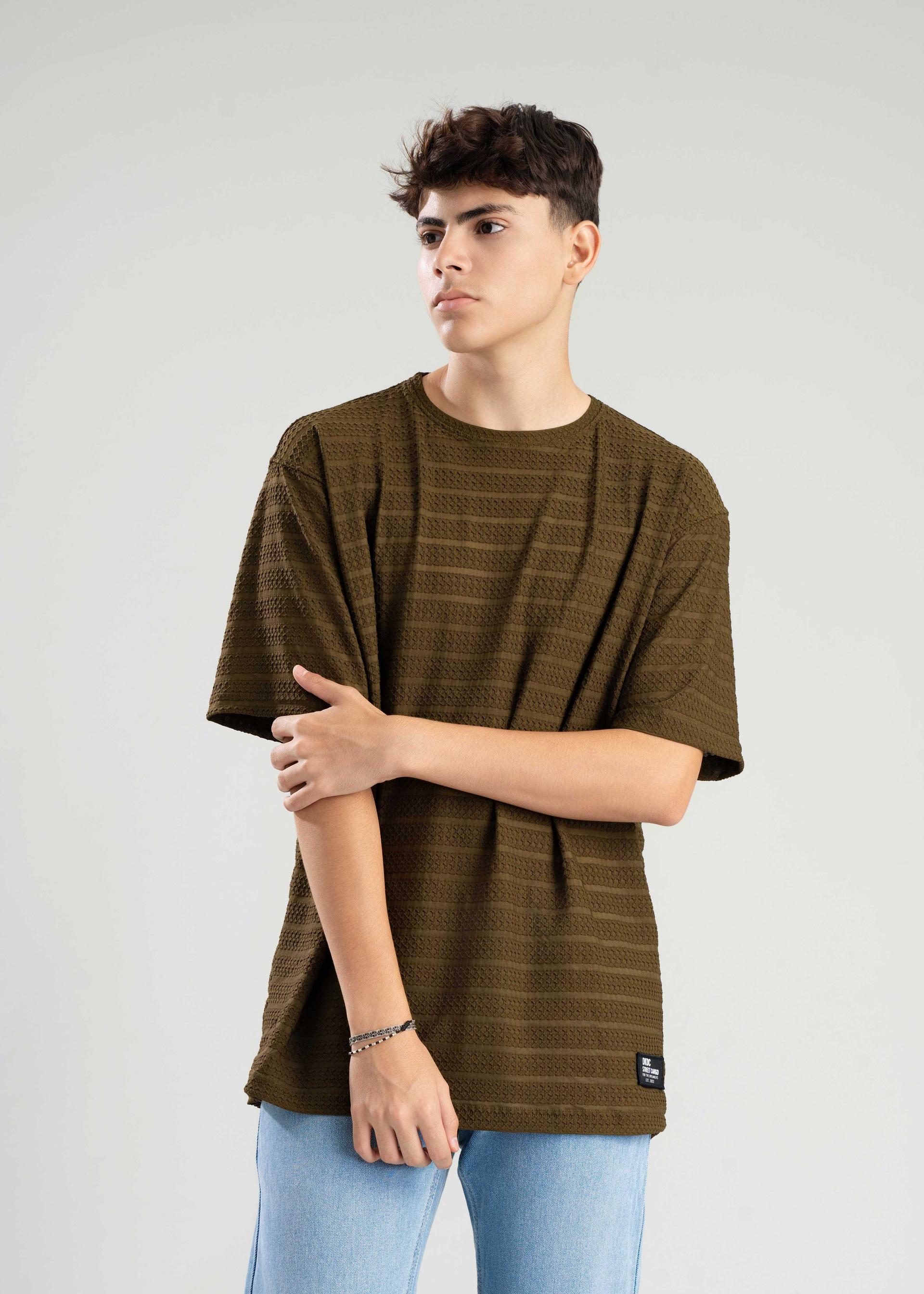 relaxed-fit-olive-green-textured-short-sleeve-tshirt