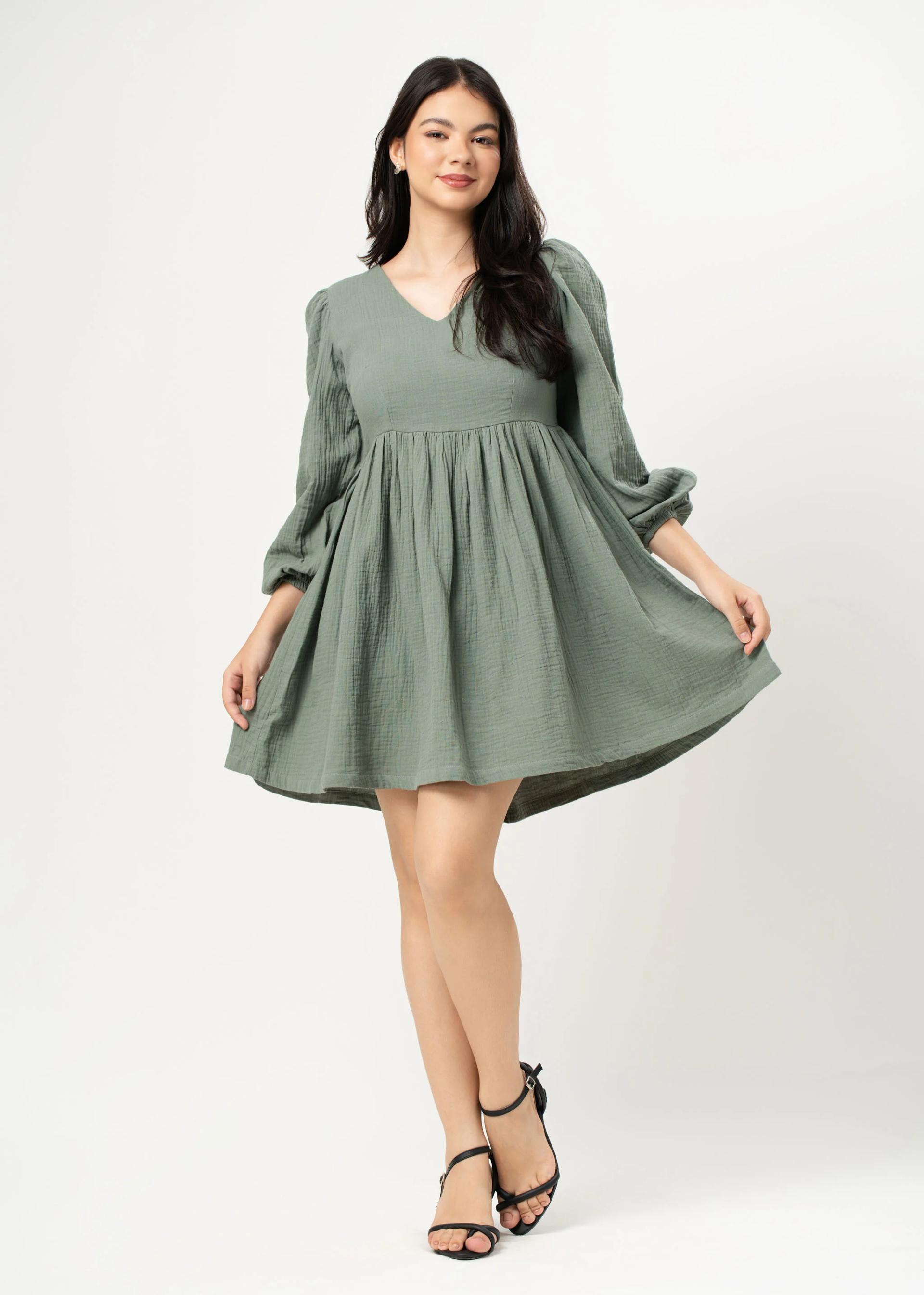 womens-sage-green-textured-vneck-babydoll-mini-dress