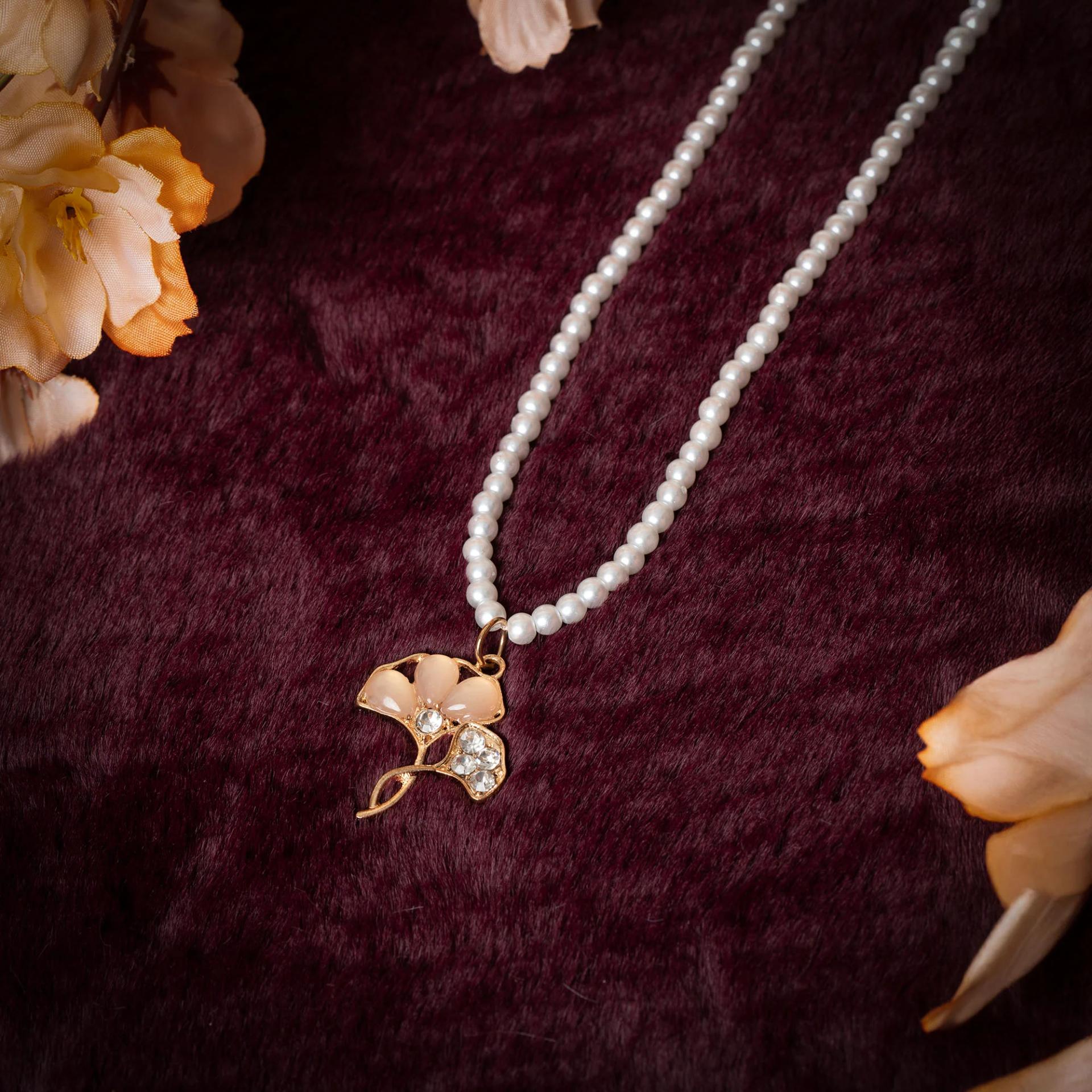 dainty-peach-enamel-flower-pendant-necklace-on-white-pearl-chain