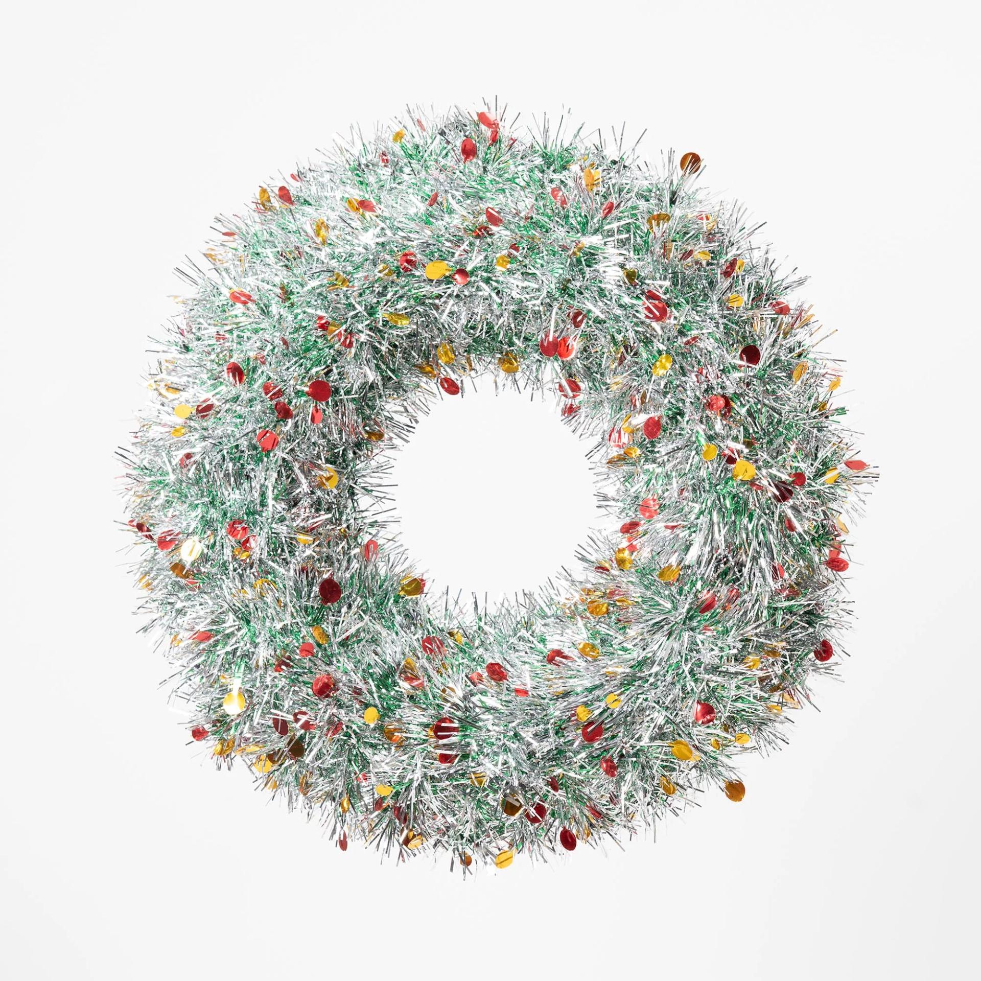 silver-tinsel-wreath-with-multicolor-accents