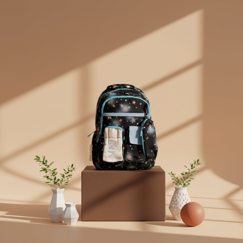 black-childrens-school-backpack-colorful-stars-rabbit-design