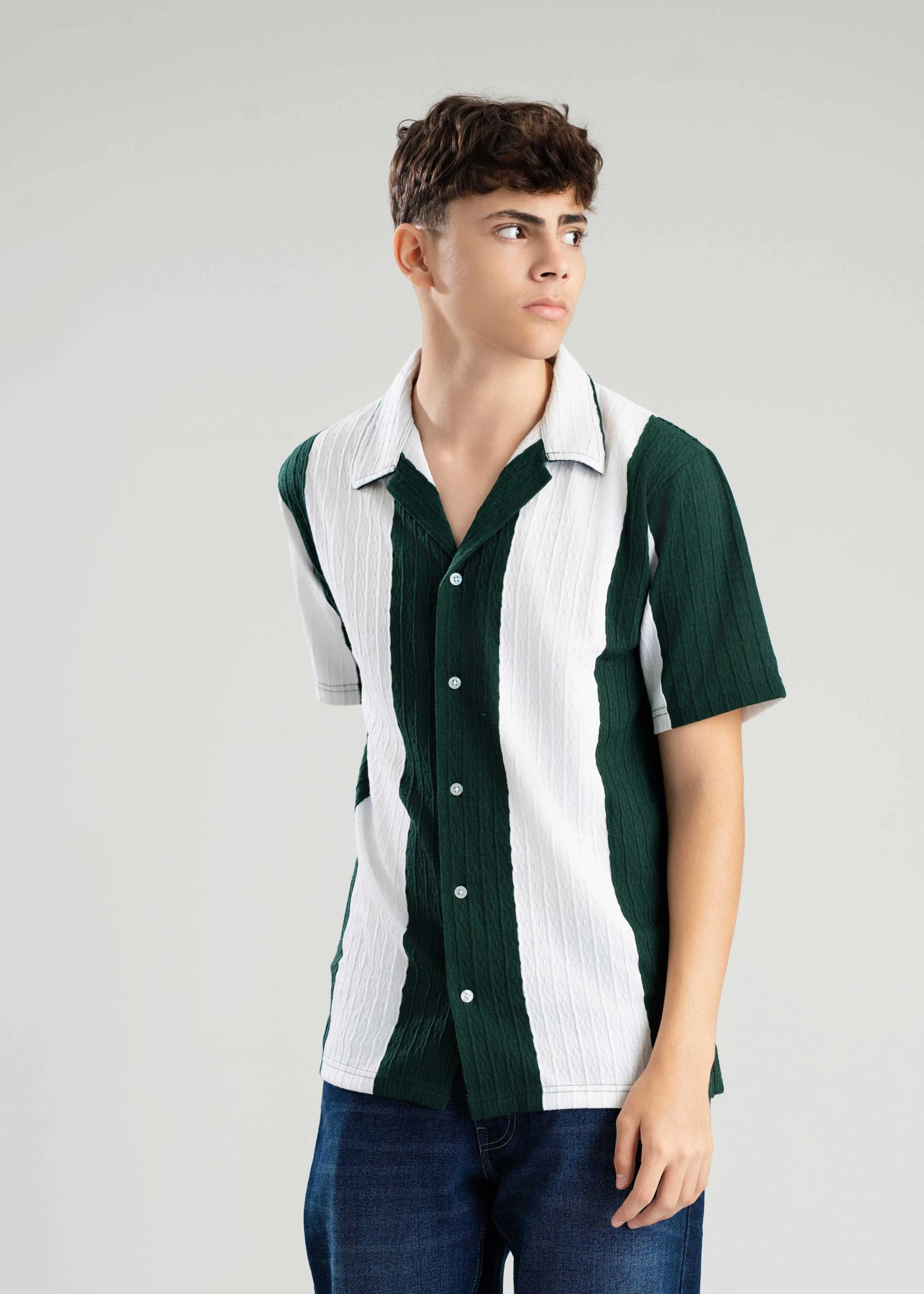 popcorn-knit-vertical-stripe-green-half-sleeve-shirt
