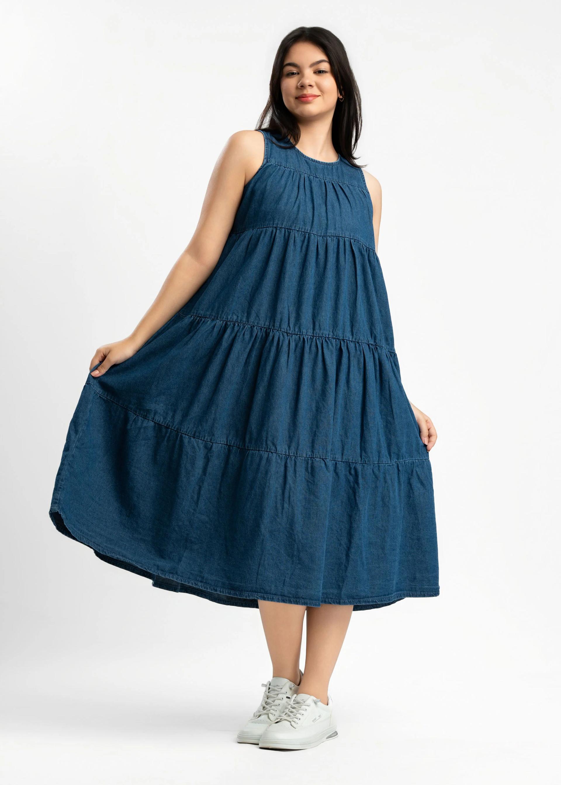womens-blue-denim-sleeveless-tiered-midi-dress