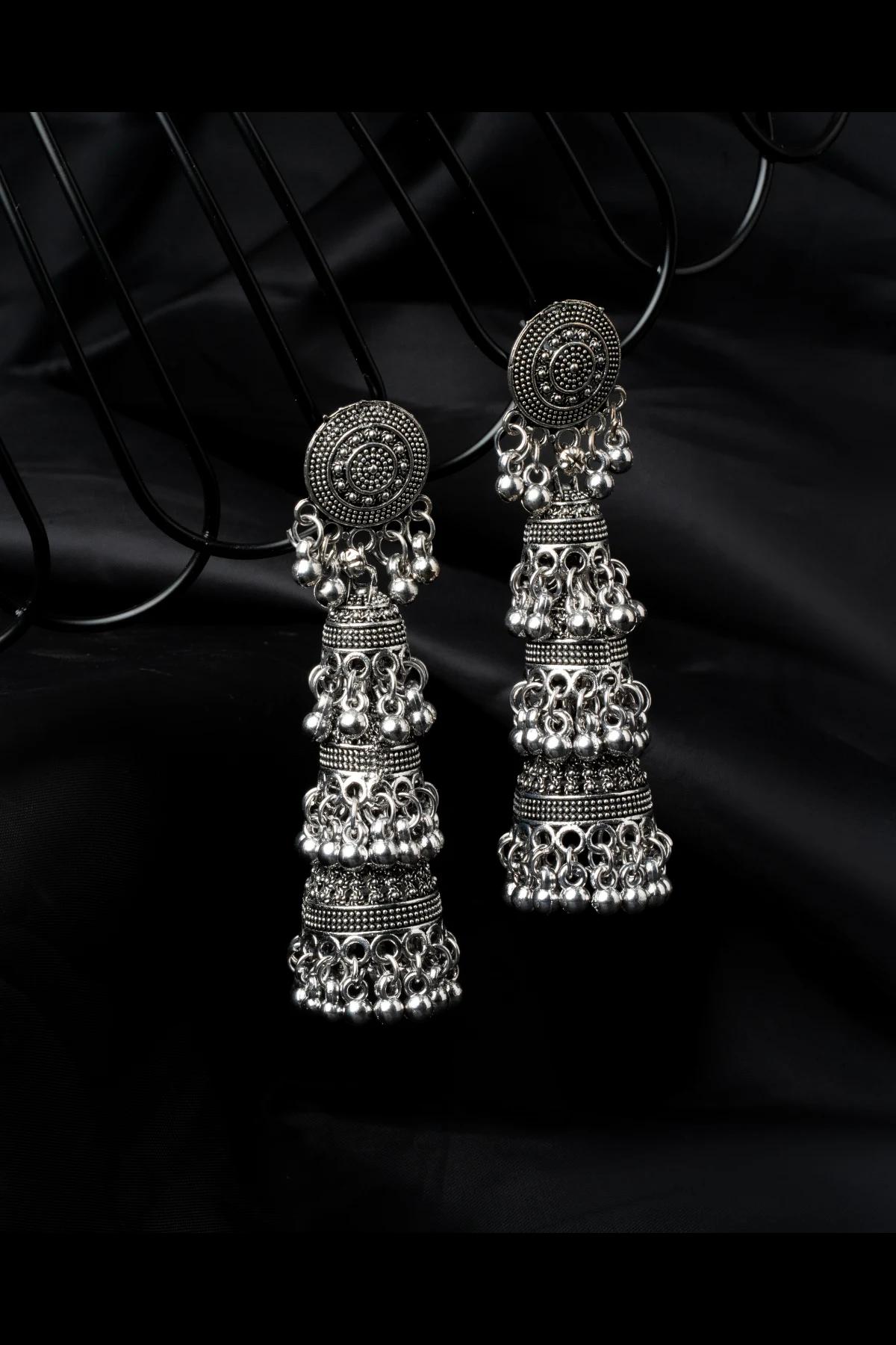bohemian-oxidised-silver-triple-jhumka-earrings