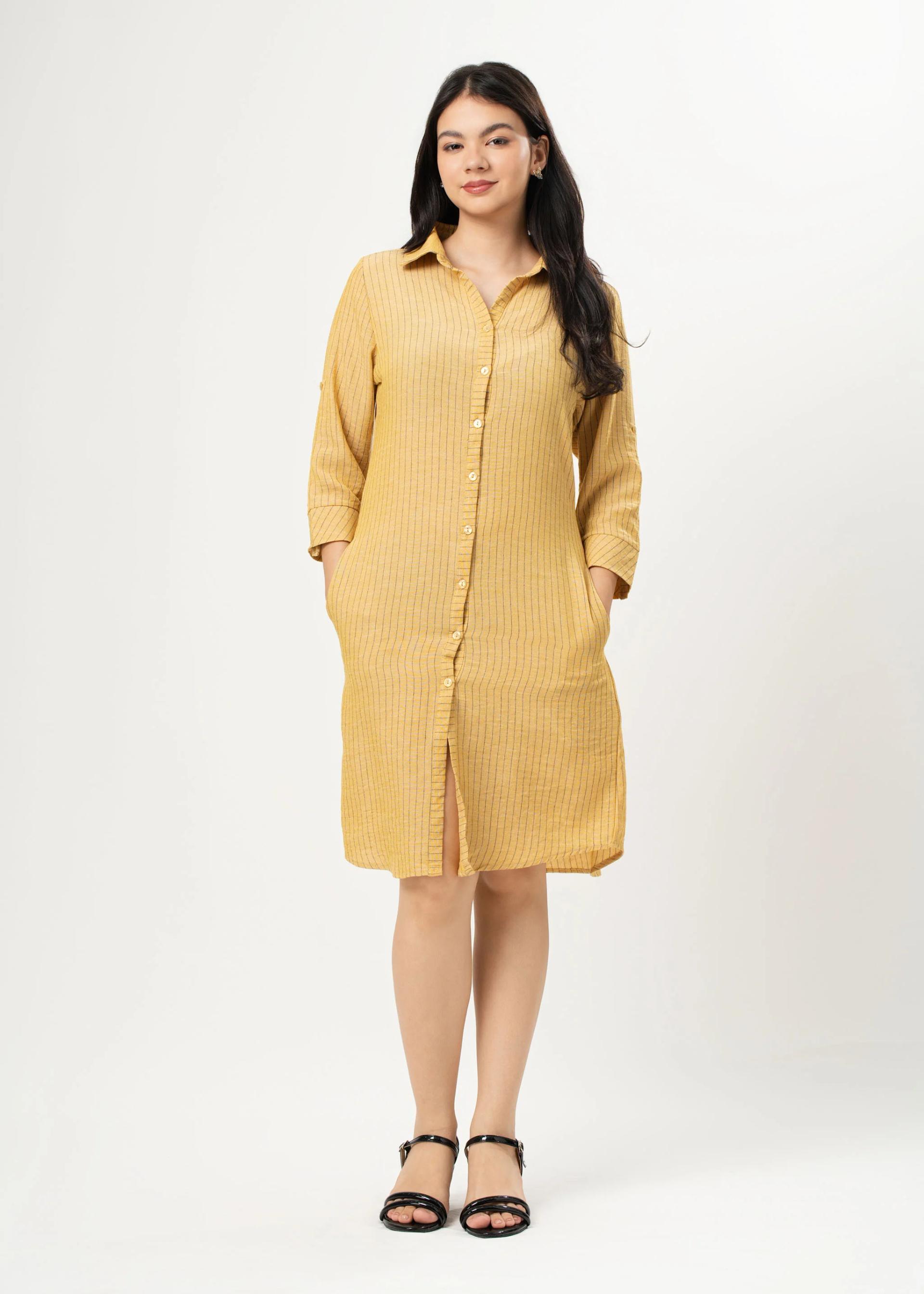 golden-yellow-striped-buttondown-shirt-dress