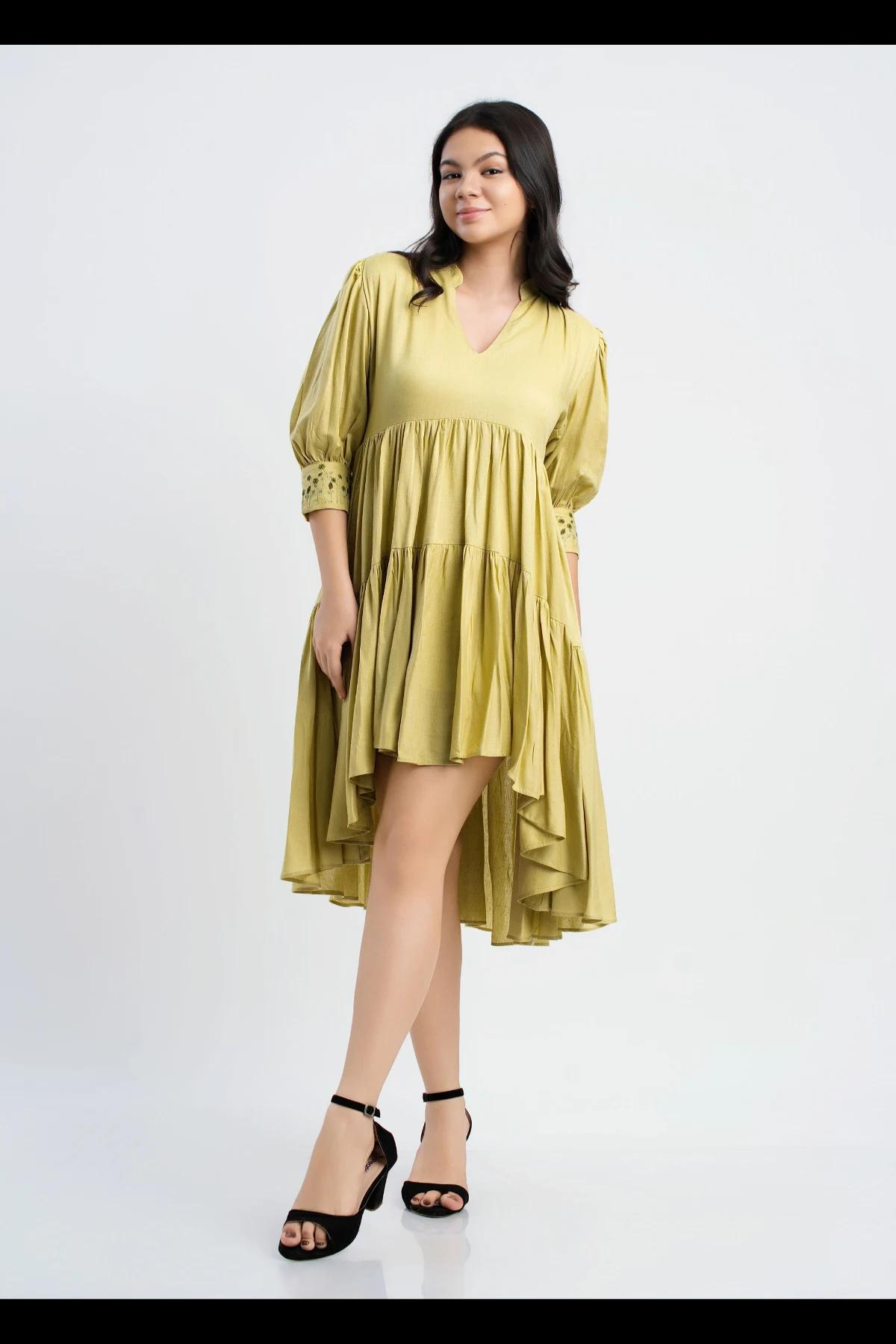 olive-green-puff-sleeve-hilow-dress
