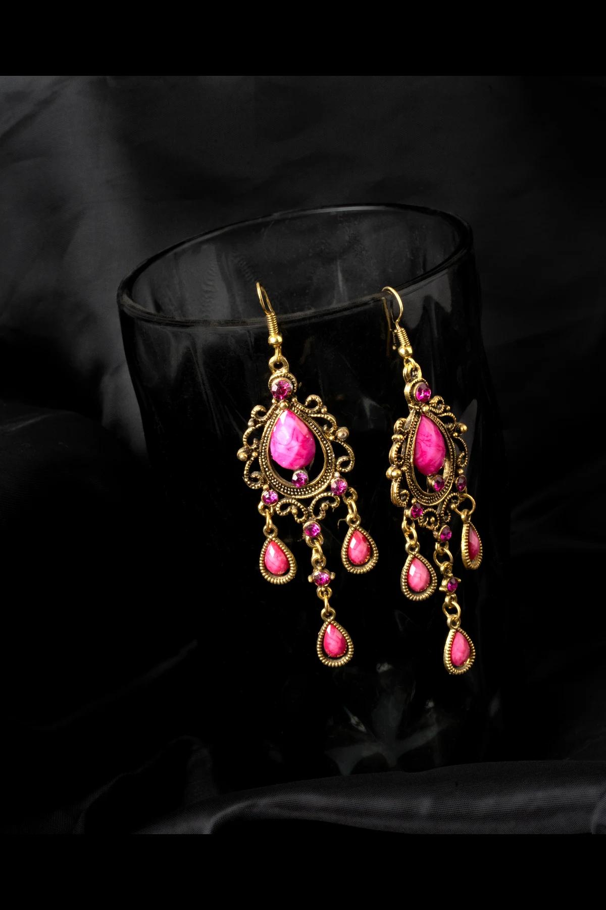 fuchsia-and-gold-filigree-teardrop-dangle-earrings