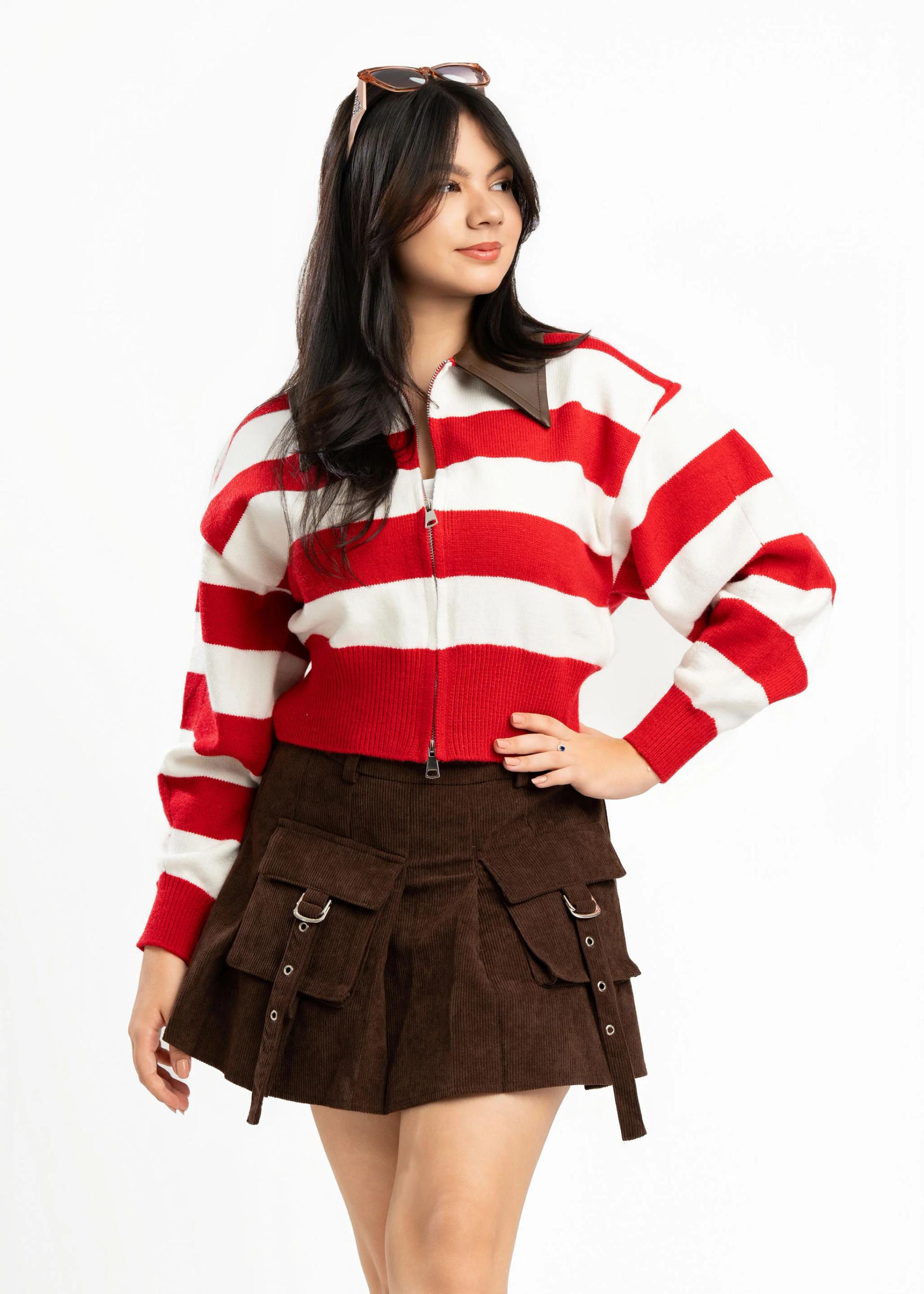 womens-red-and-white-striped-collared-zipup-cardigan
