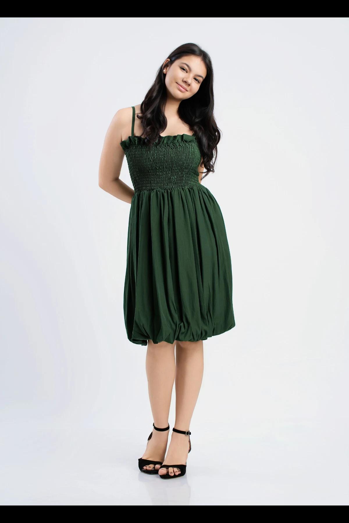 womens-forest-green-smocked-midi-dress