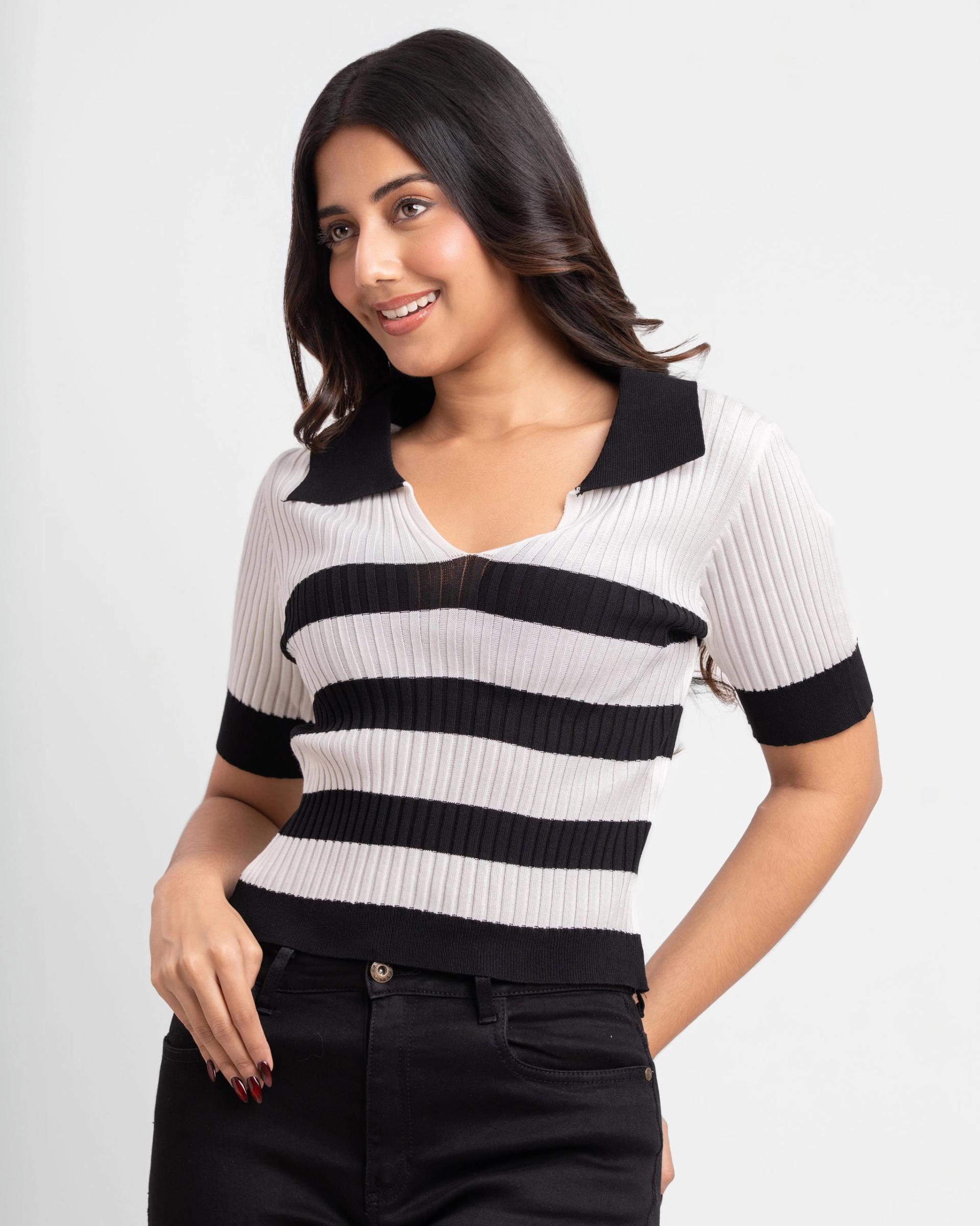 black-and-white-striped-knit-top