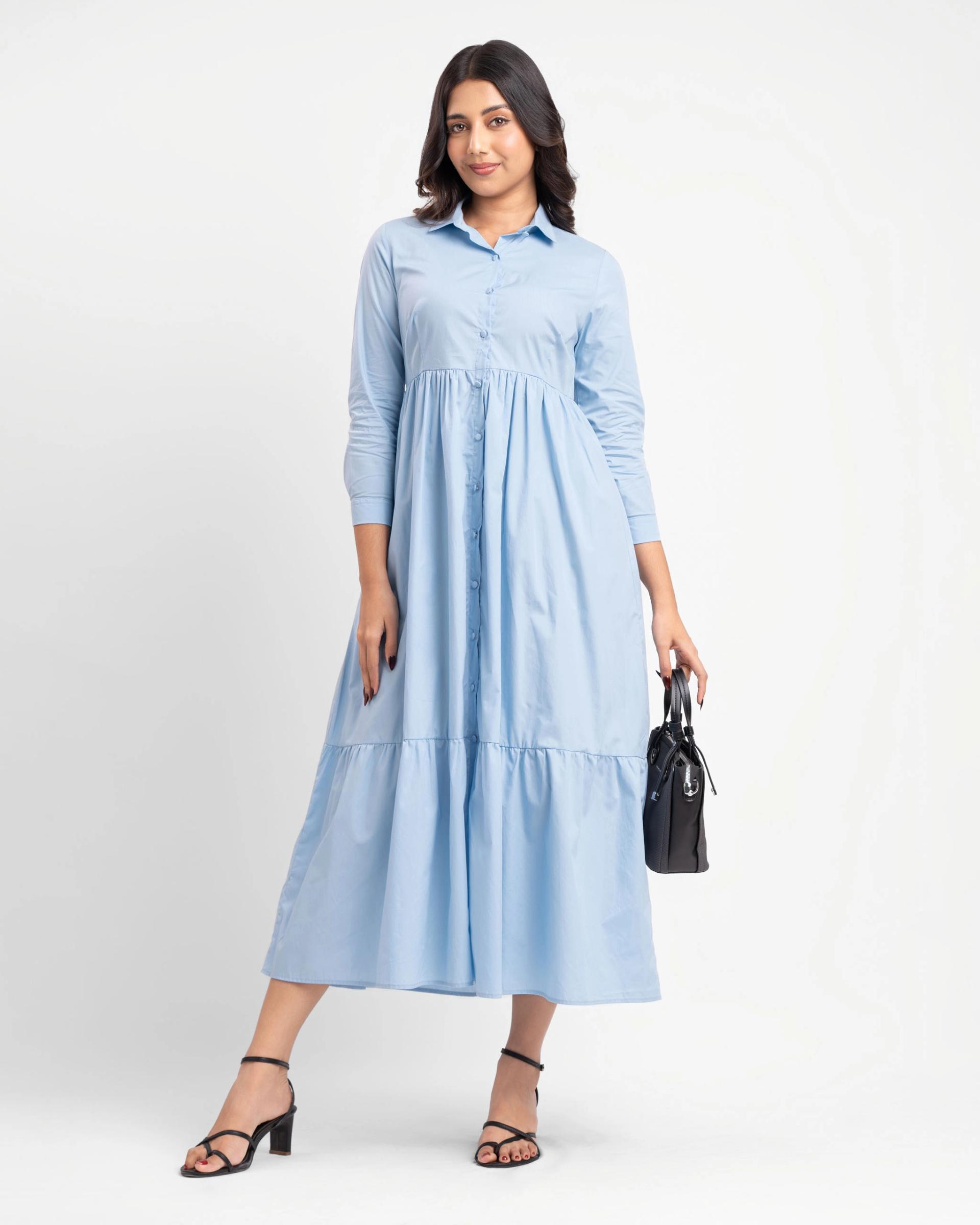 solid-tiered-dress-with-shirt-collar-and-long-sleeves