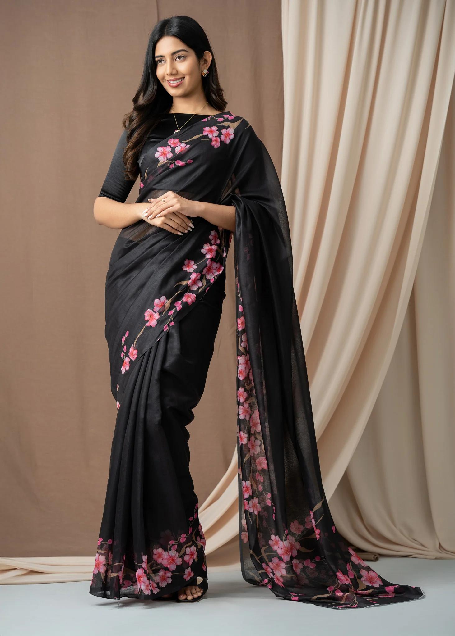 black-pink-blossom-floral-saree
