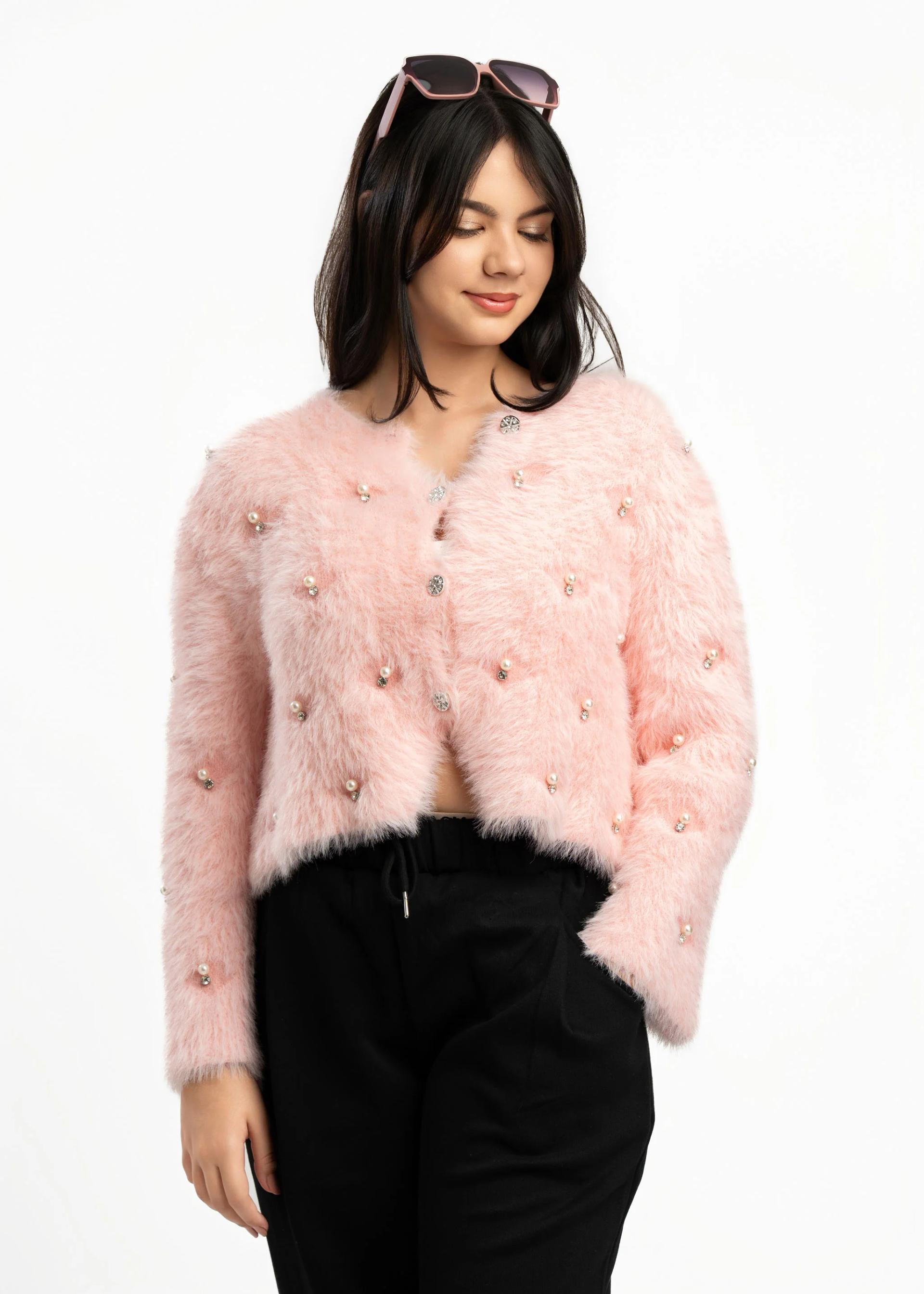 womens-elegant-pink-faux-fur-cardigan-with-pearl-embellishments