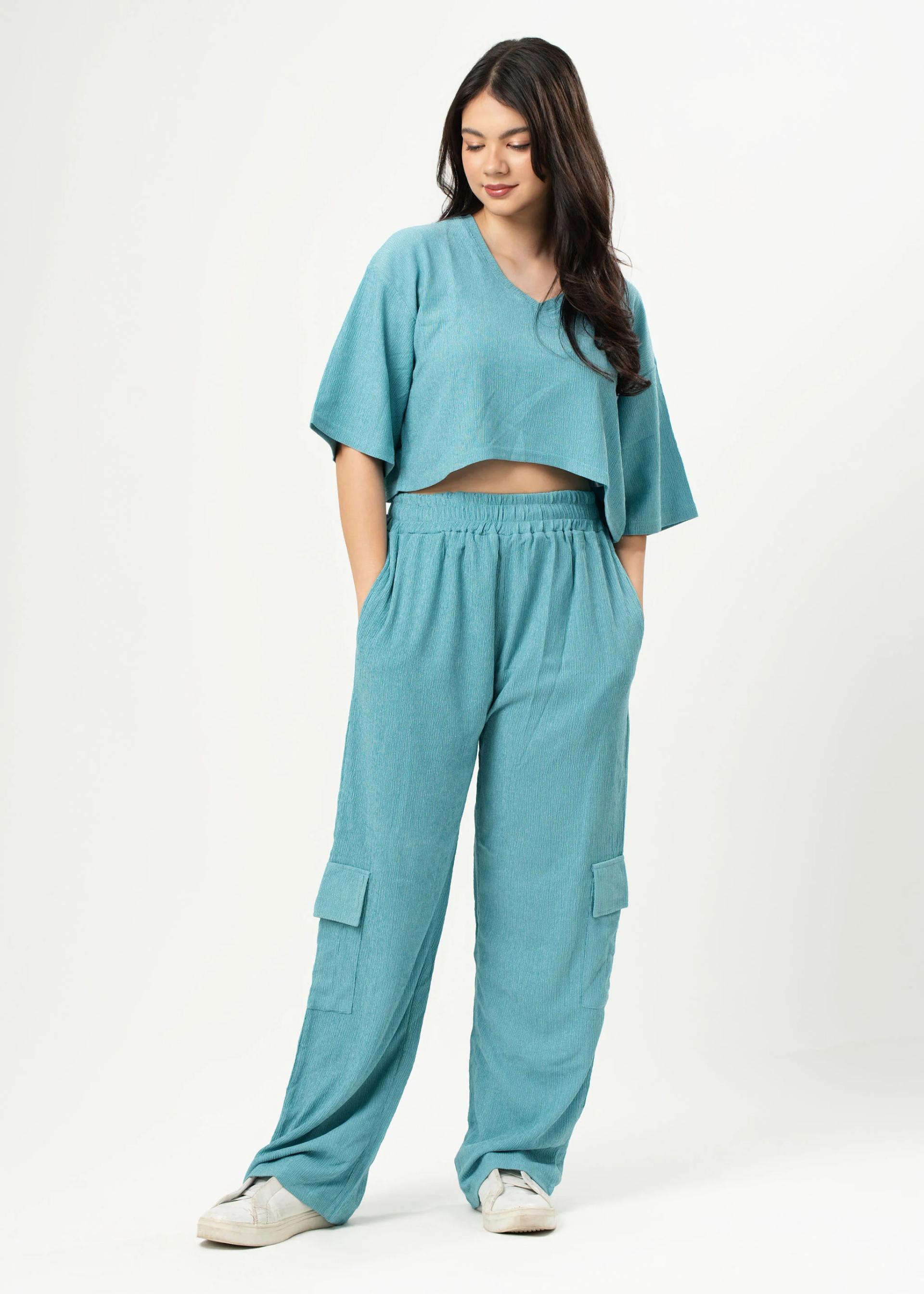 womens-teal-textured-cargo-pant