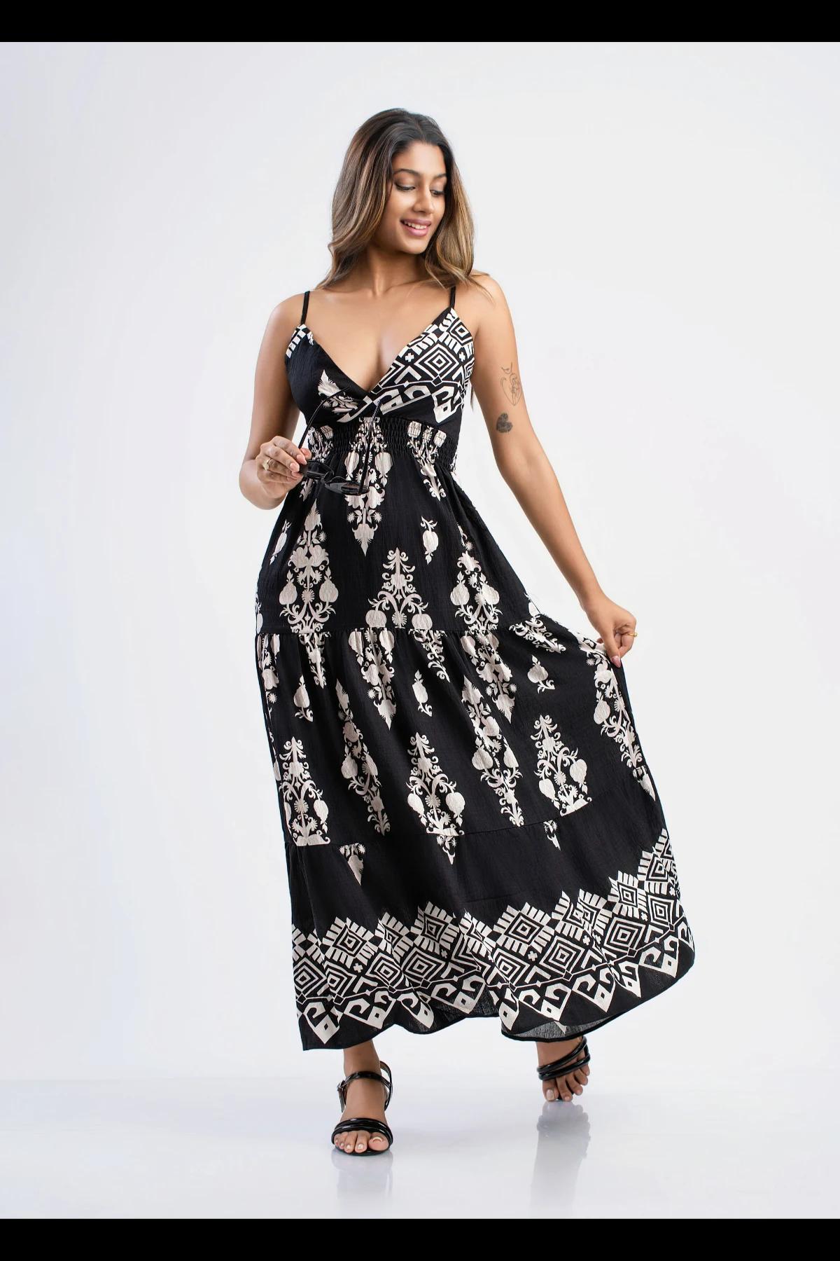 black-white-medallion-print-long-dress