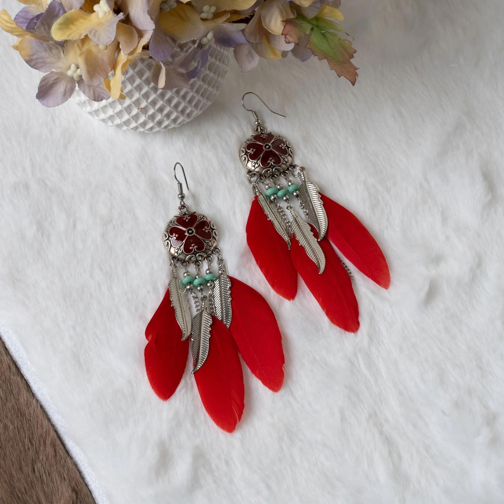 boho-red-feather-dangle-earrings
