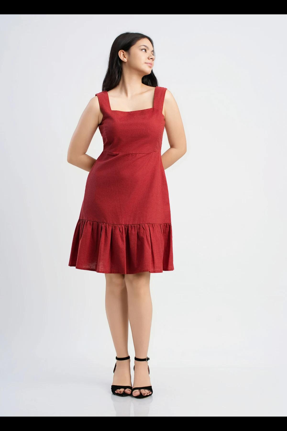 womens-red-square-neck-mini-sleeveless-dress