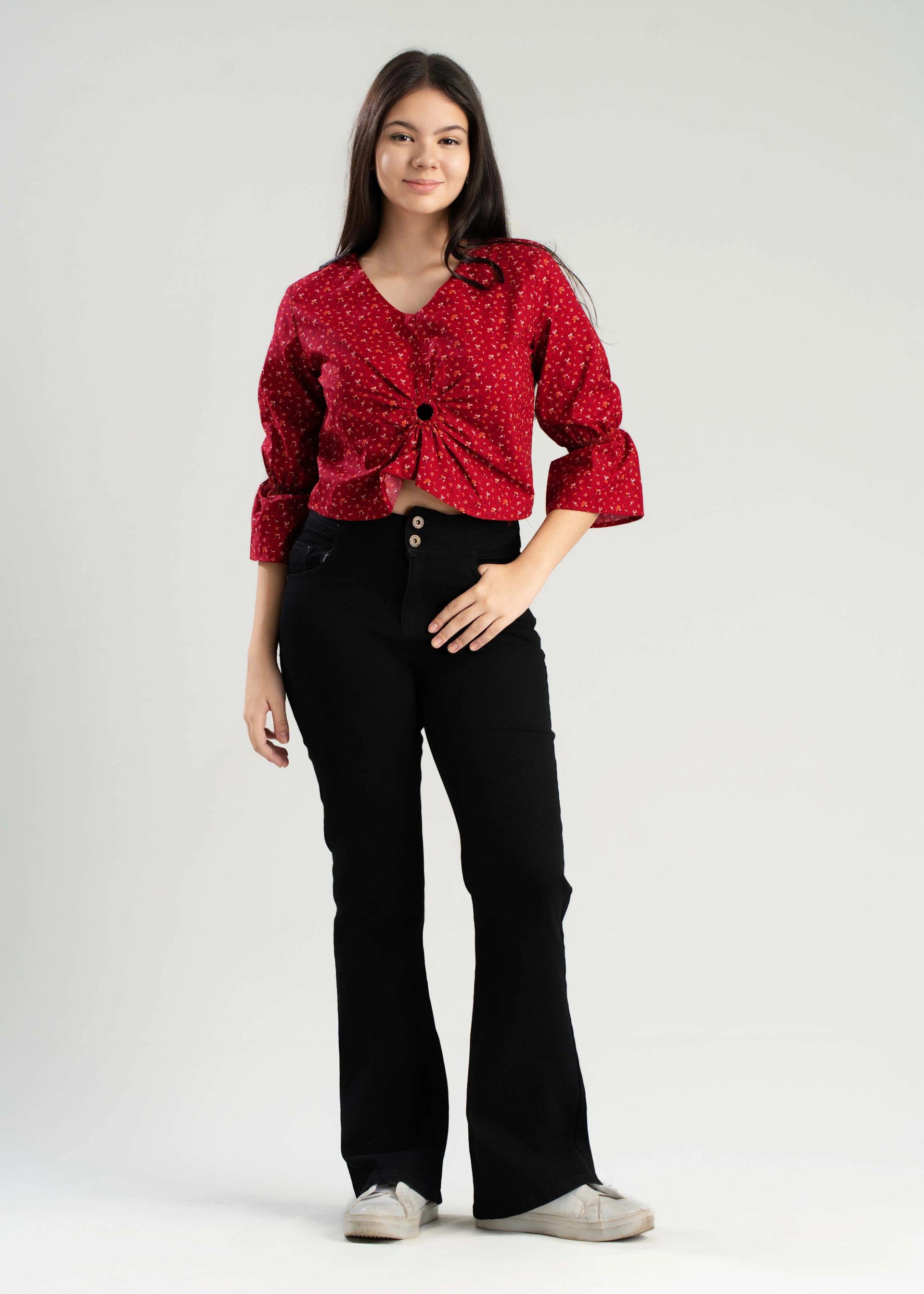 womens-red-floral-print-knotfront-top