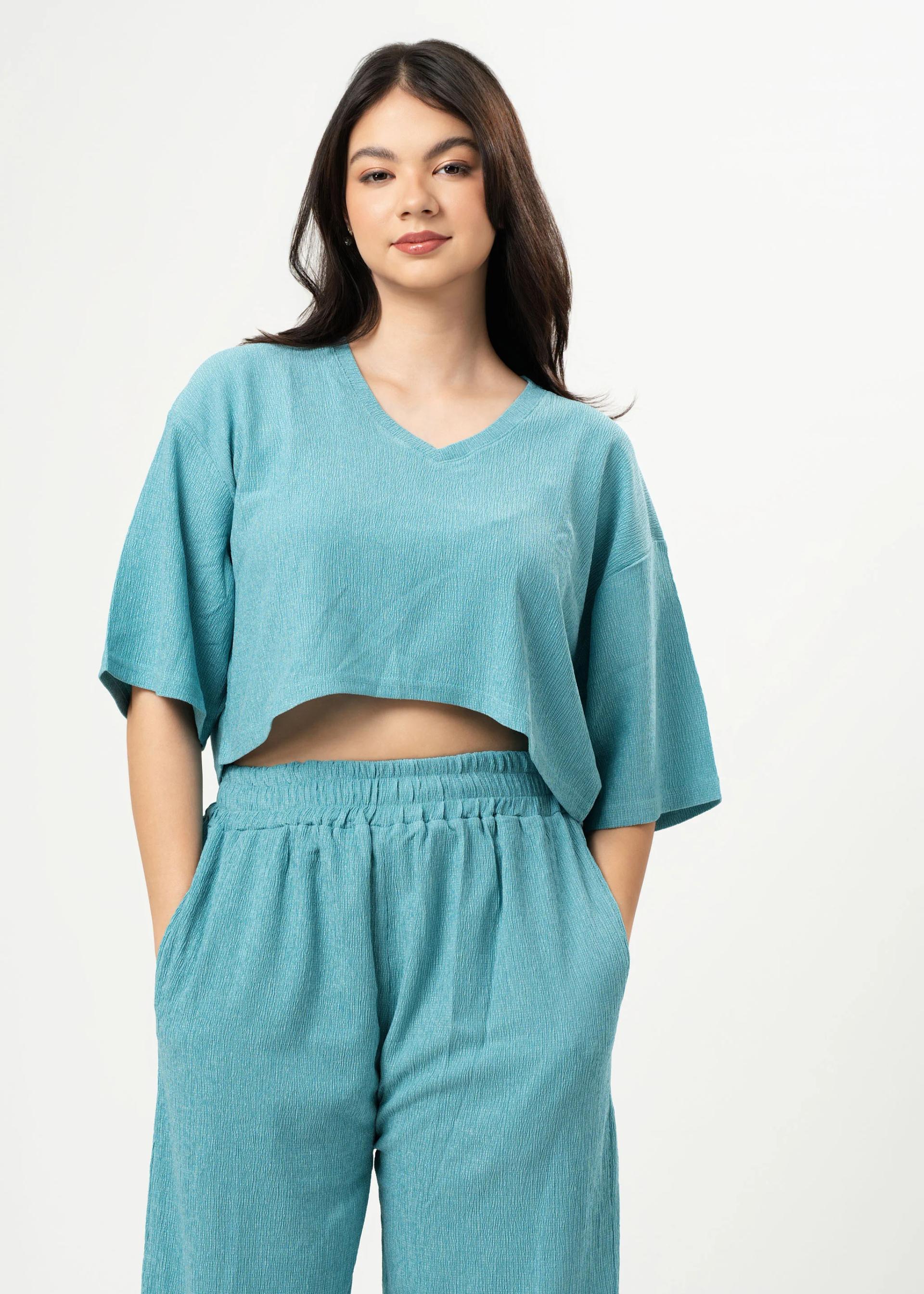 womens-teal-textured-vneck-crop-top