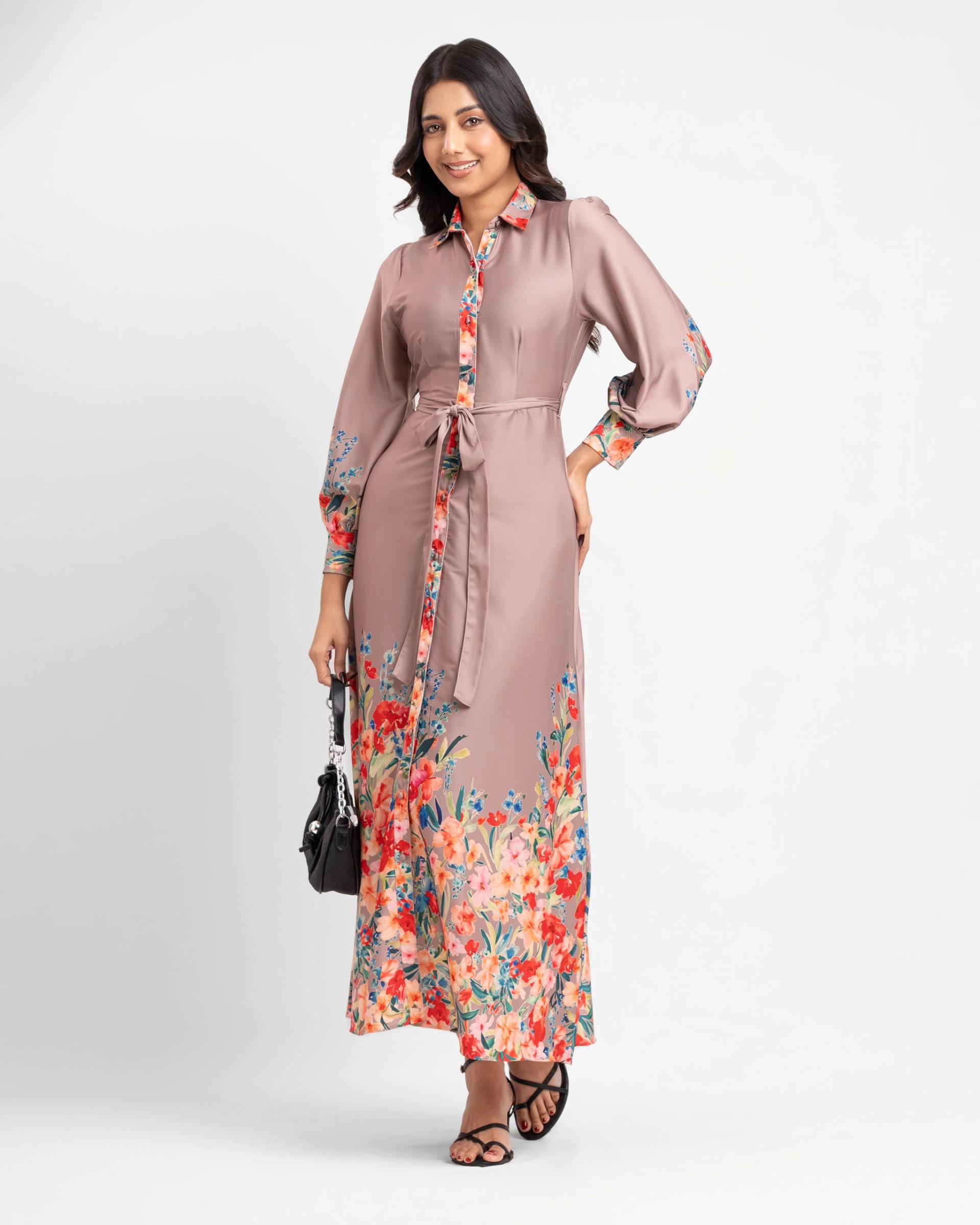 taupe-floral-print-belted-shirt-dress