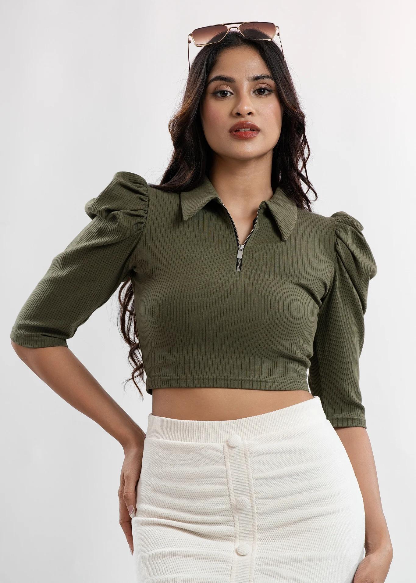 the-olive-puffsleeve-zip-crop