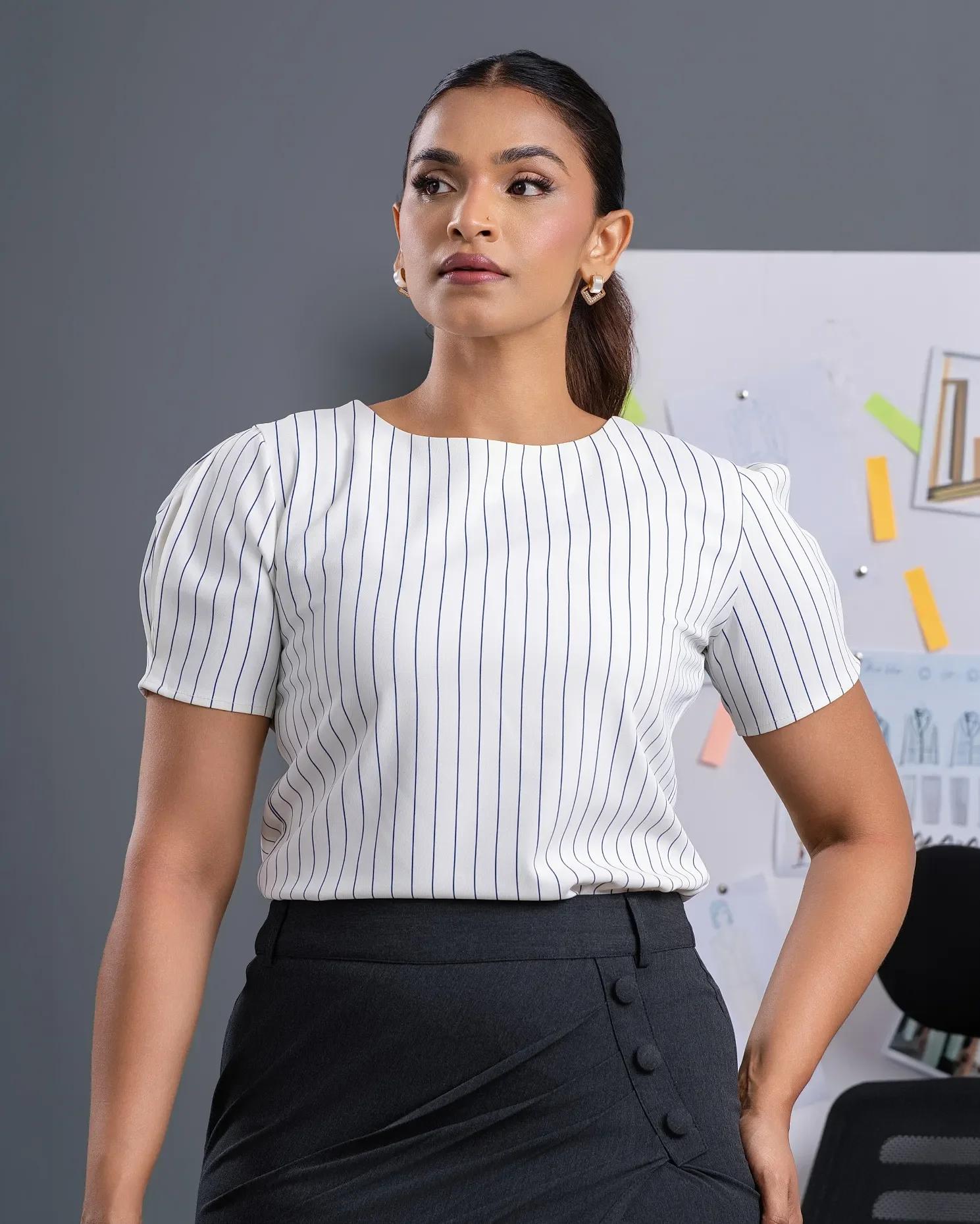 white-pinstripe-shortsleeve-tailored-top