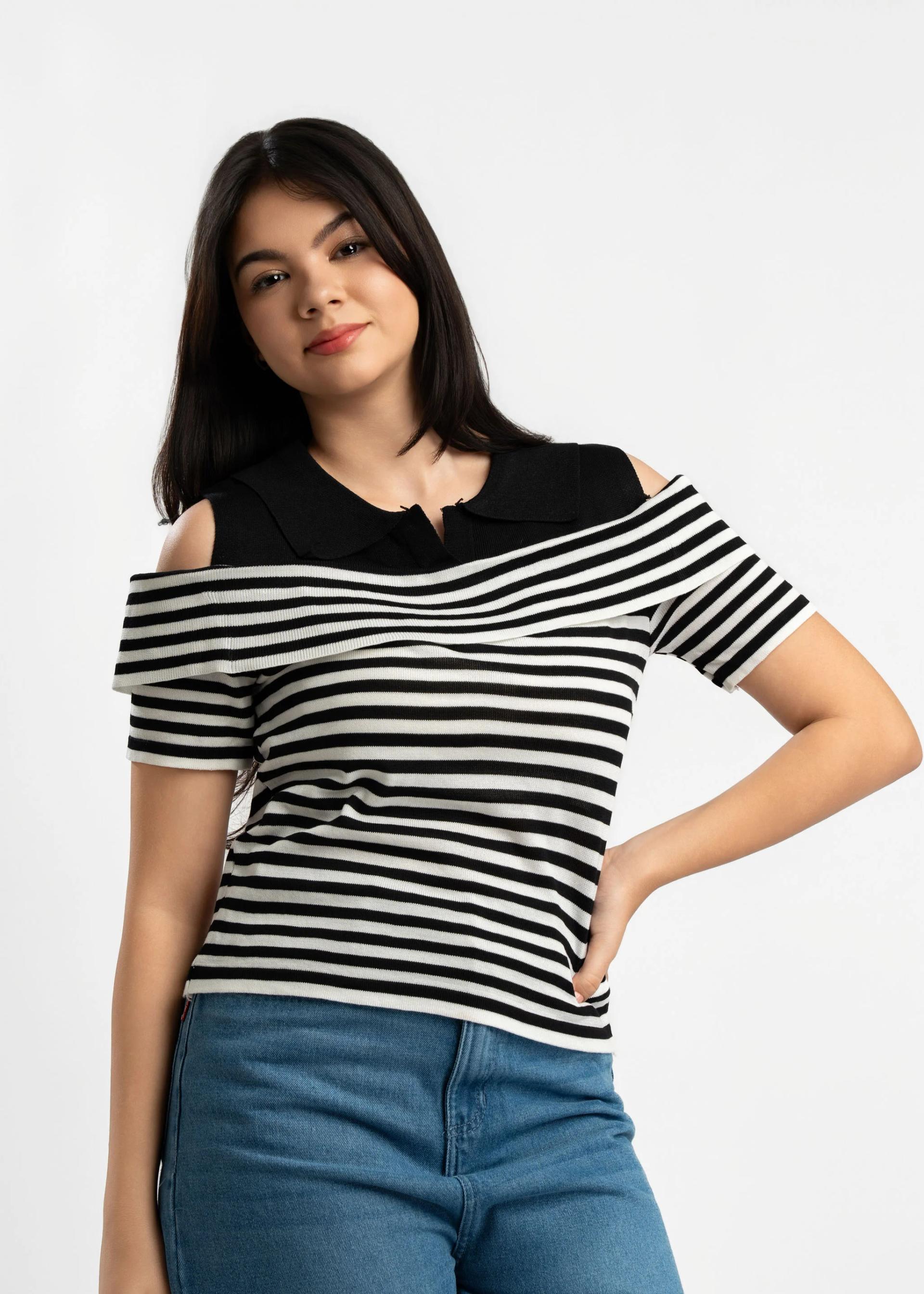 womens-black-and-white-striped-cold-shoulder-top