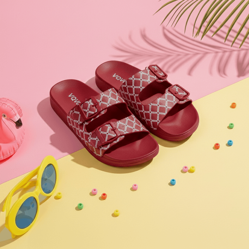 maroon-double-buckle-slide-sandals