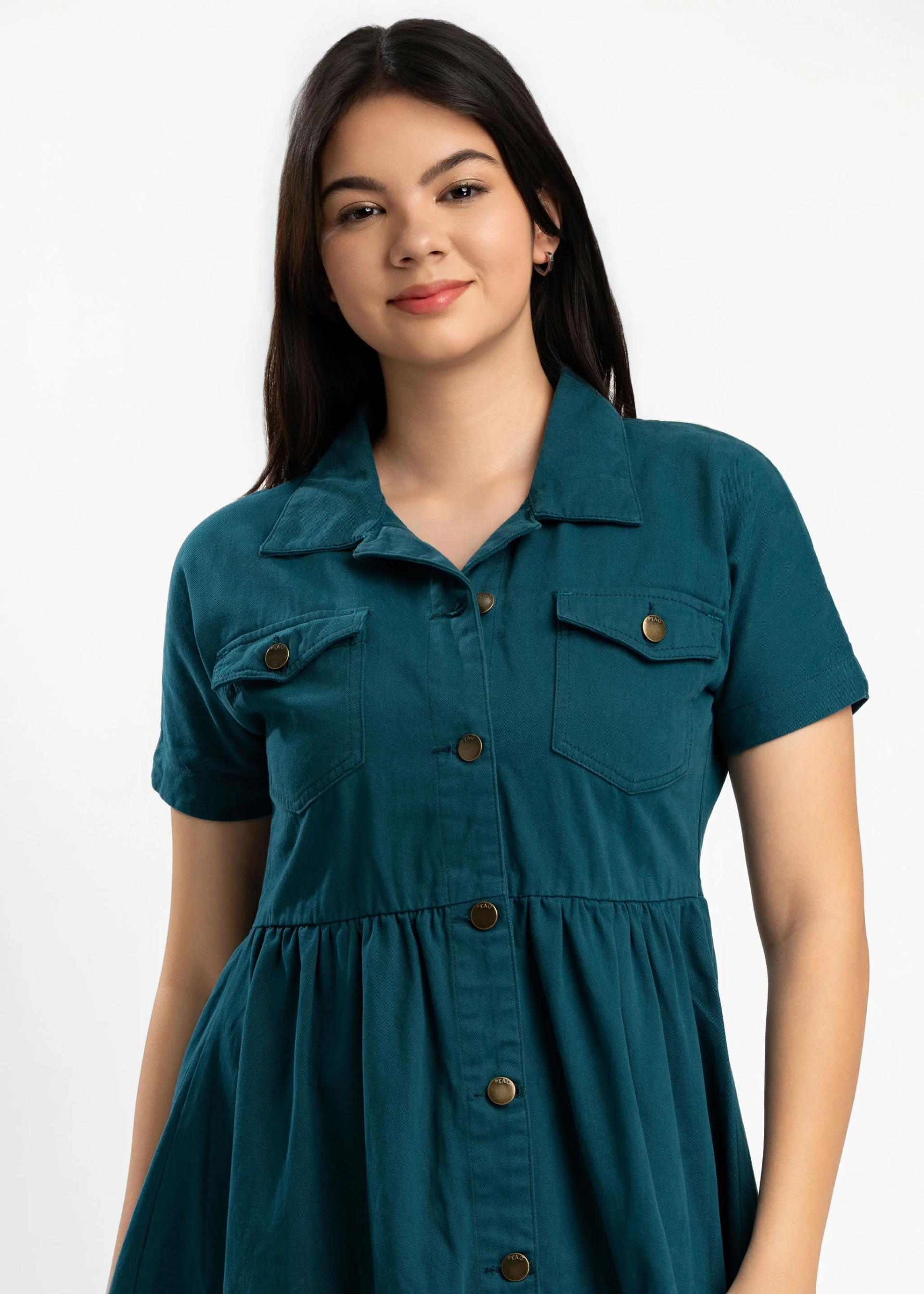 women-teel-blue-tiered-shirt-mini-dress-